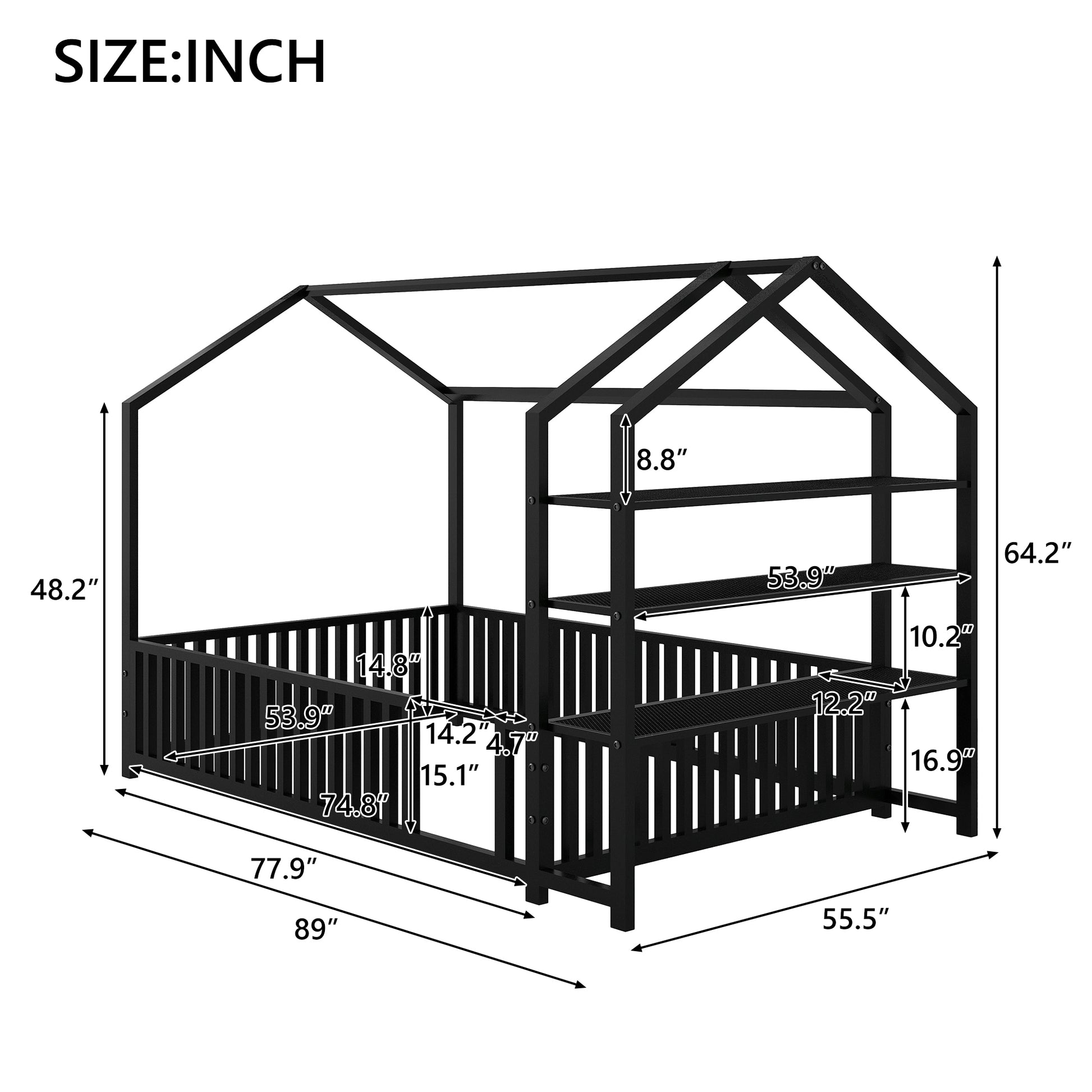 Full Size Metal House Bed With Fence And Detachable Storage Shelves, Black Full Black Metal