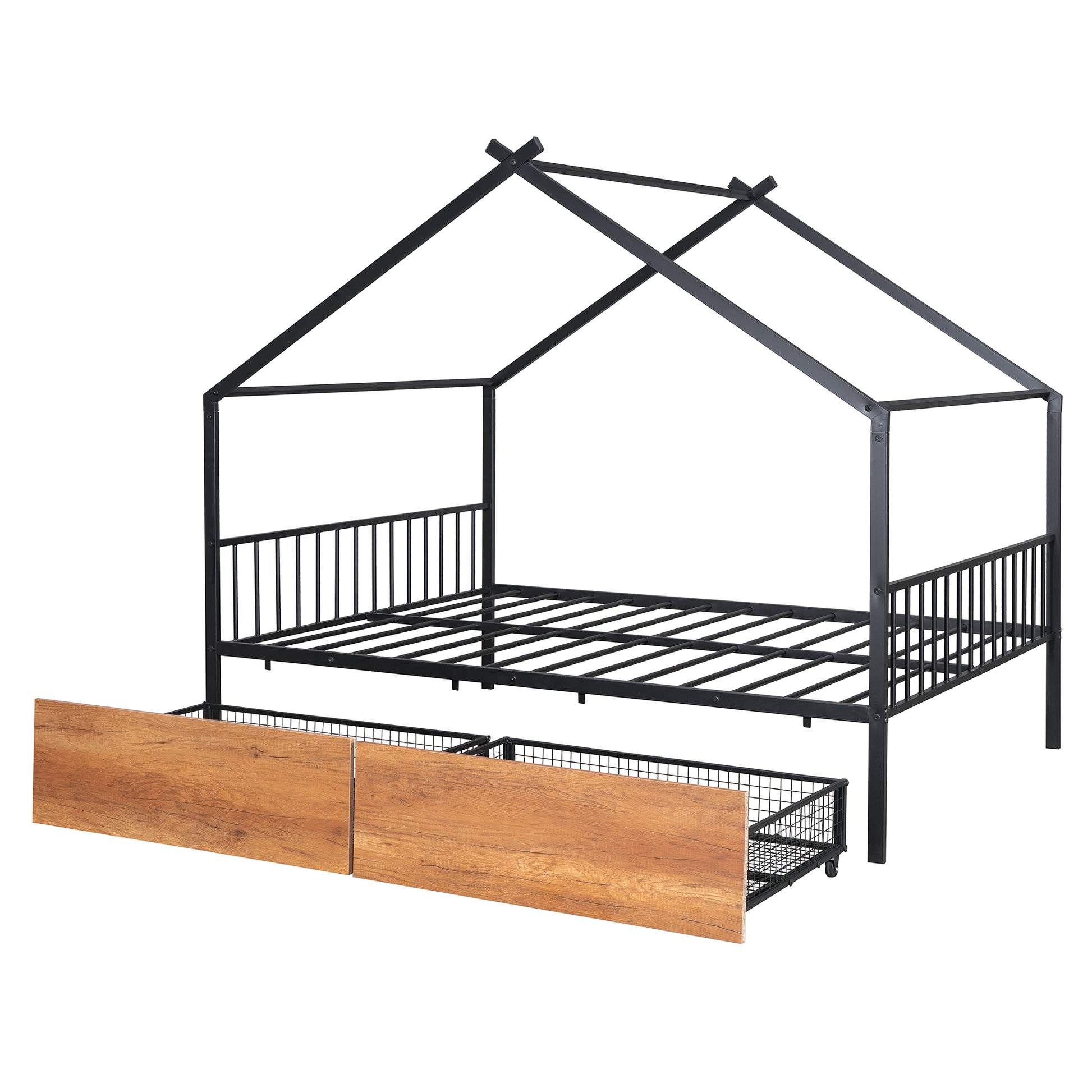 Full Size Metal House Bed With Two Drawers, Black Full Black Metal