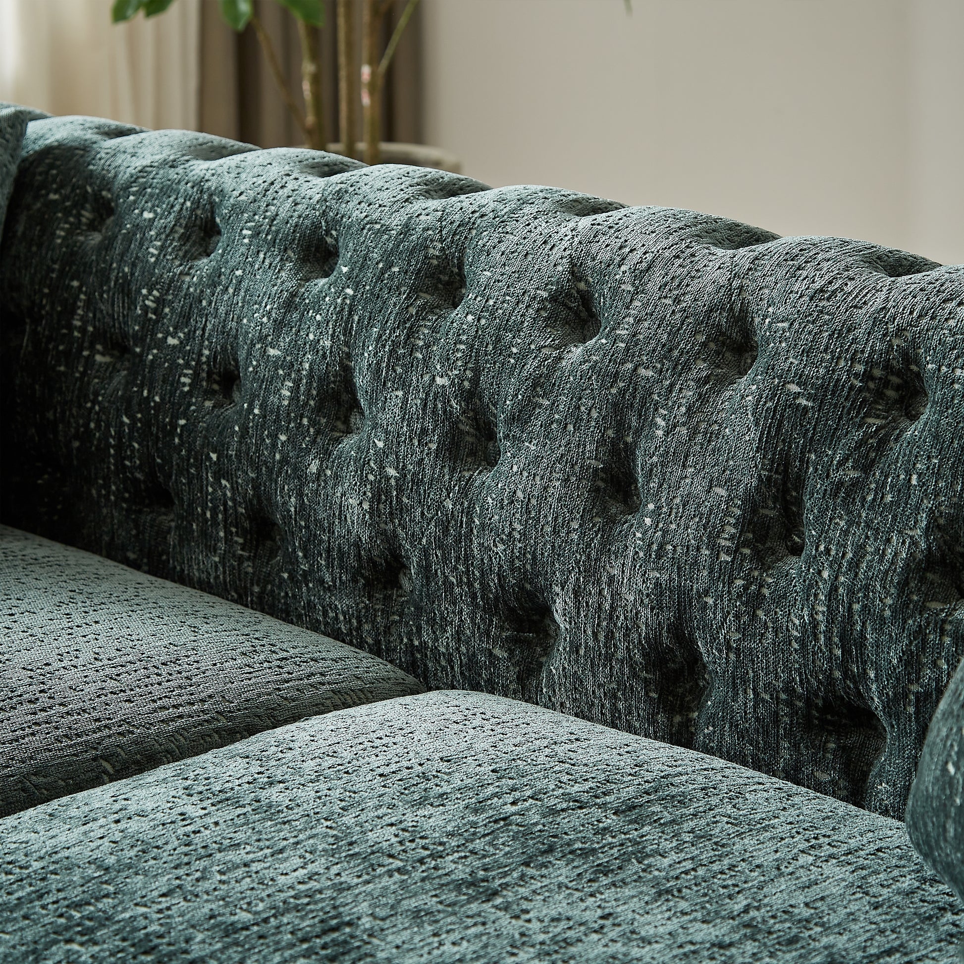 Chenille Pull Buckle Design Sofa For Living Room,Buttons Tufted With Copper Nail Decoration Armrest, Modern Couch Upholstered Button And Metal Legs Green Foam Chenille 6 Seat