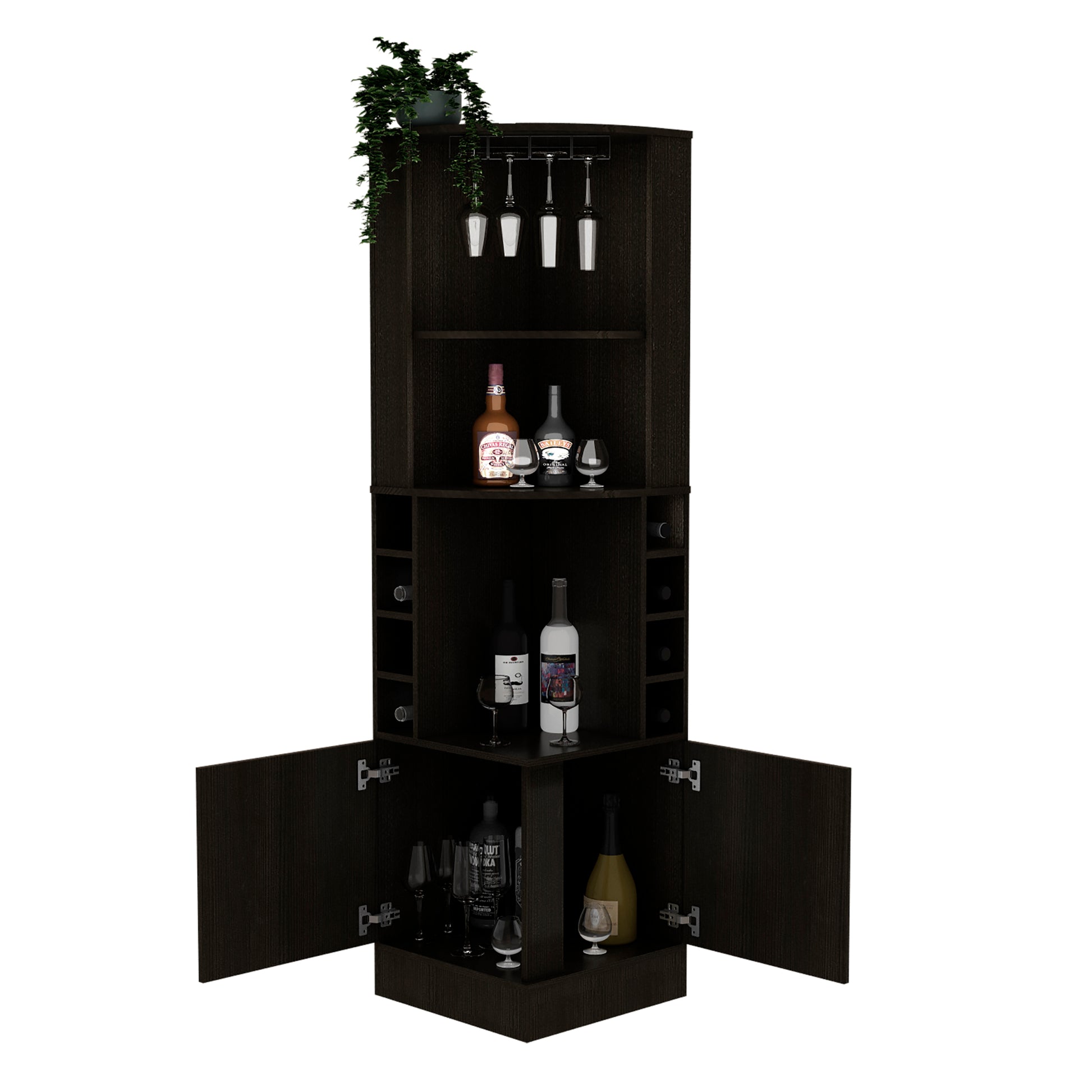 Corner Bar Cabinet 71" H, With Two Shelves At The Top, 1 Glass Holder, 8 Exterior Bottle Racks, 1 Central Shelf And A Lower Drawer With 2 Side Doors, Black Black Particle Board Particle Board