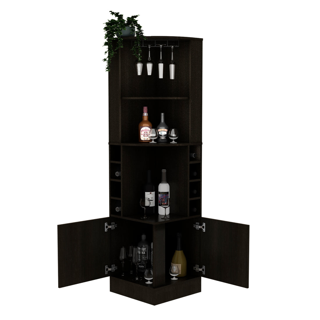 71" H Black Corner Bar Cabinet, With Two Shelves At The Top, 1 Glass Holder, 8 Exterior Bottle Racks, 1 Central Shelf And A Lower Drawer With 2 Side Doors Black Particle Board Particle Board