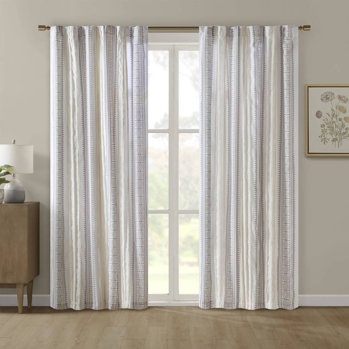 Poly Printed Curtain Panel With Tufted Stripe And Lining White Brown 50X95" Multicolor Polyester
