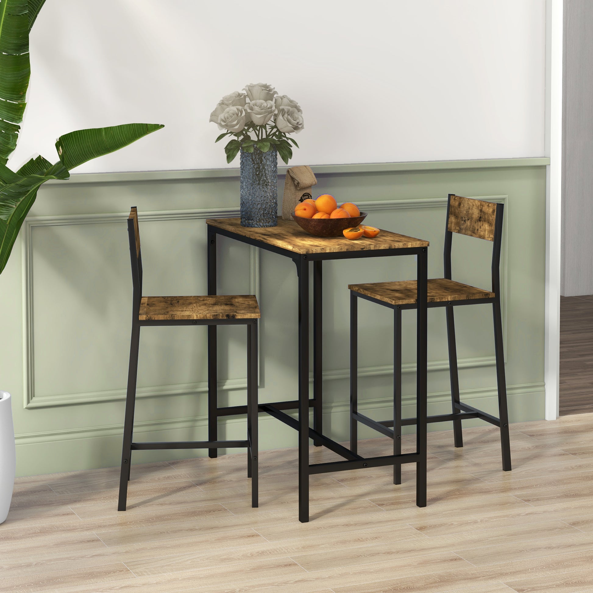 Homcom 3 Piece Bar Table And Chairs, Industrial Dining Table Set For 2, Counter Height Kitchen Table With Bar Stools, Breakfast Table Set For 2 For Small Space, Rustic Brown Rustic Brown Mdf