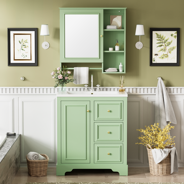 30 Inch Bathroom Vanity With Sink, Modern Elegant Bathroom Storage Cabinet With 3 Drawers And Adjustable Shelves, Freestanding Vanity Set With Mirror Cabinet, Single Sink Bathroom Vanity Green Bathroom Solid Wood Mdf Glass