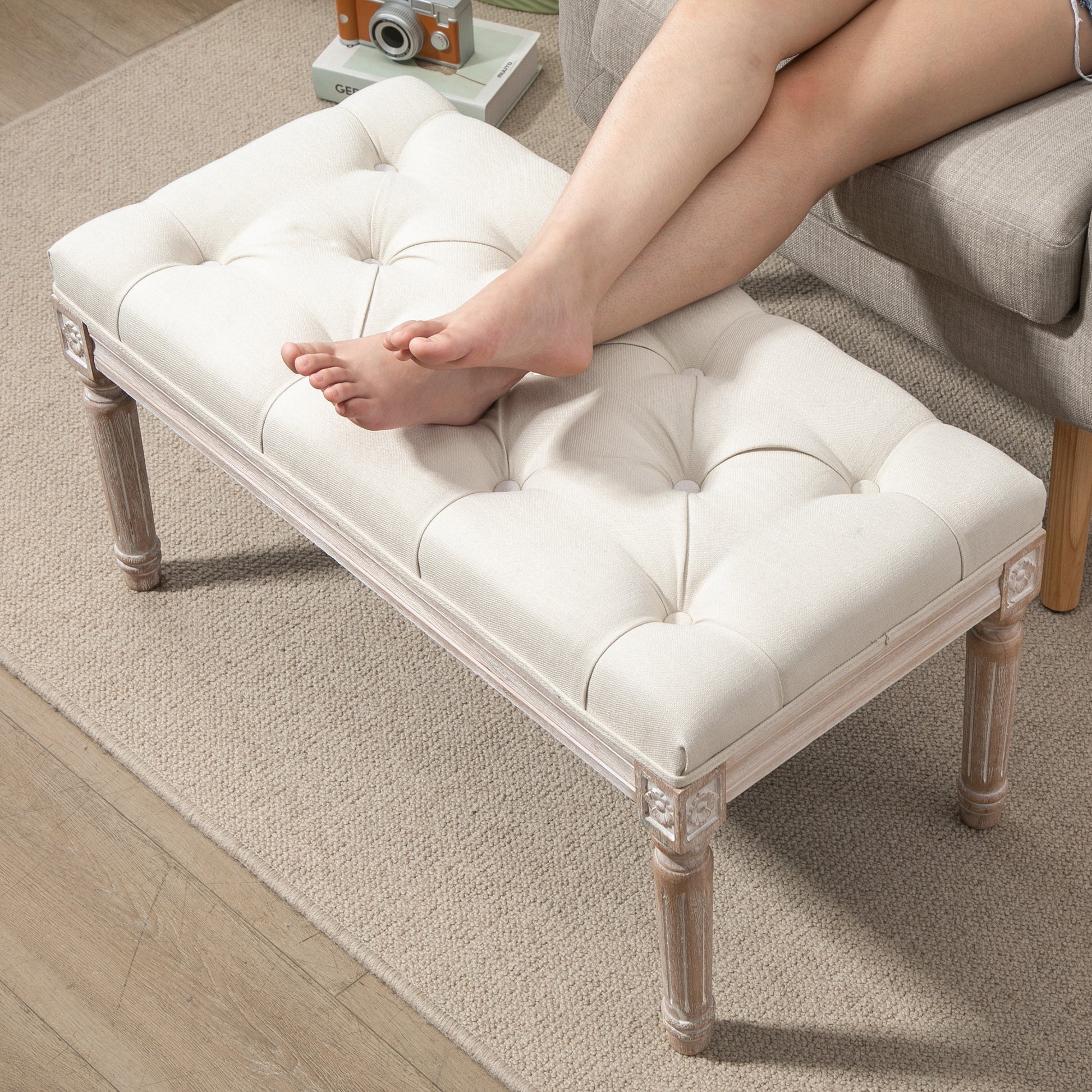 Homcom 32" Vintage Ottoman, Tufted Foot Stool With Upholstered Seat, Rustic Wood Legs For Bedroom, Living Room, Beige Beige Linen