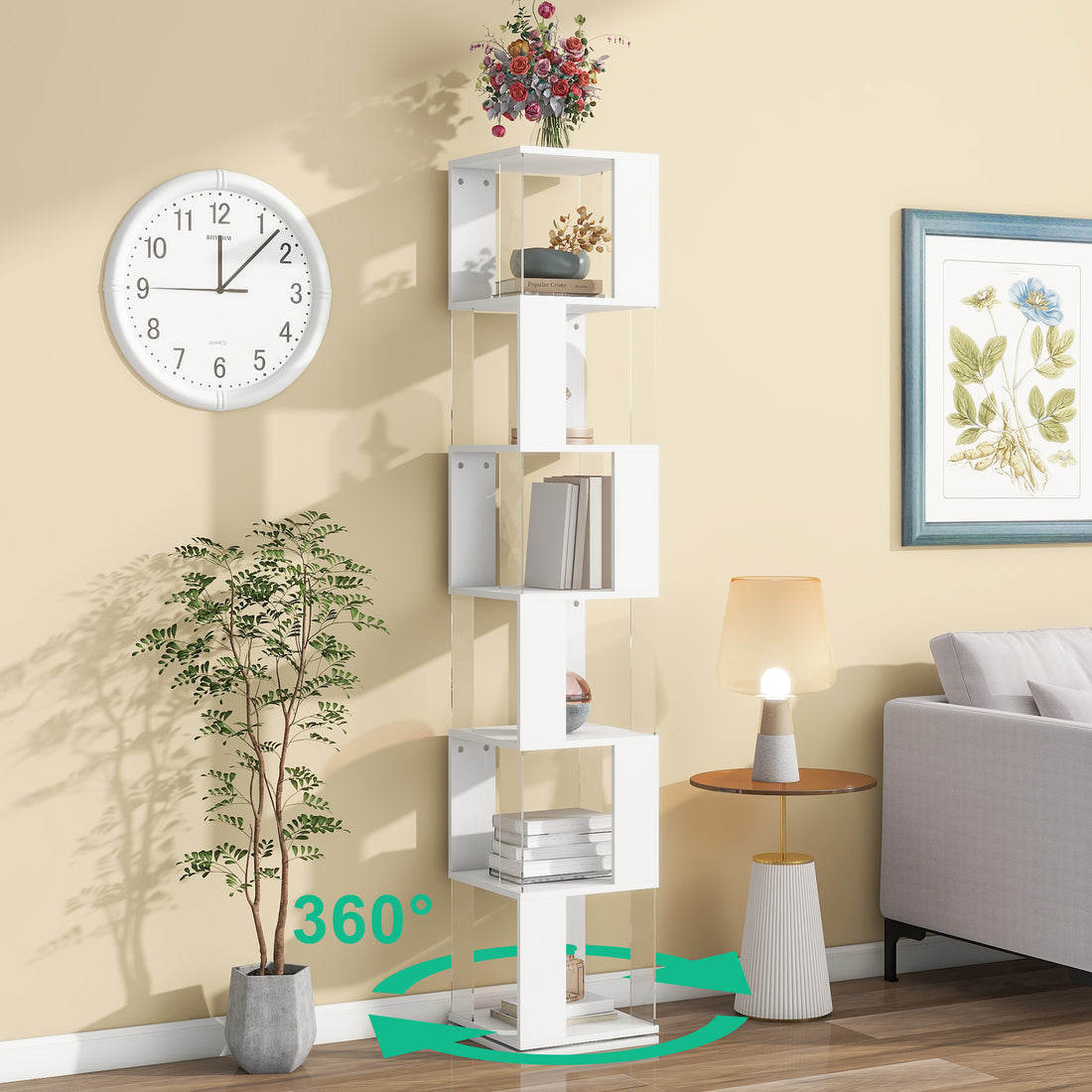 6 Tier Rotating Bookshelf, Floor Rack Simple Bookcase With Acrylic Plate Student Multi Function Creative Bookshelf For Living Room White Particle Board