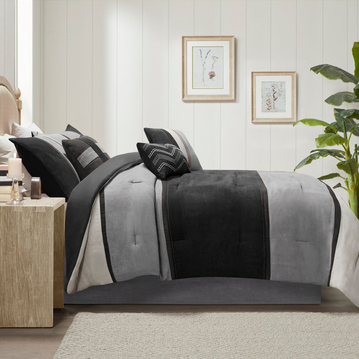 7 Piece Faux Suede Comforter Set Black Queen Queen Black Polyester