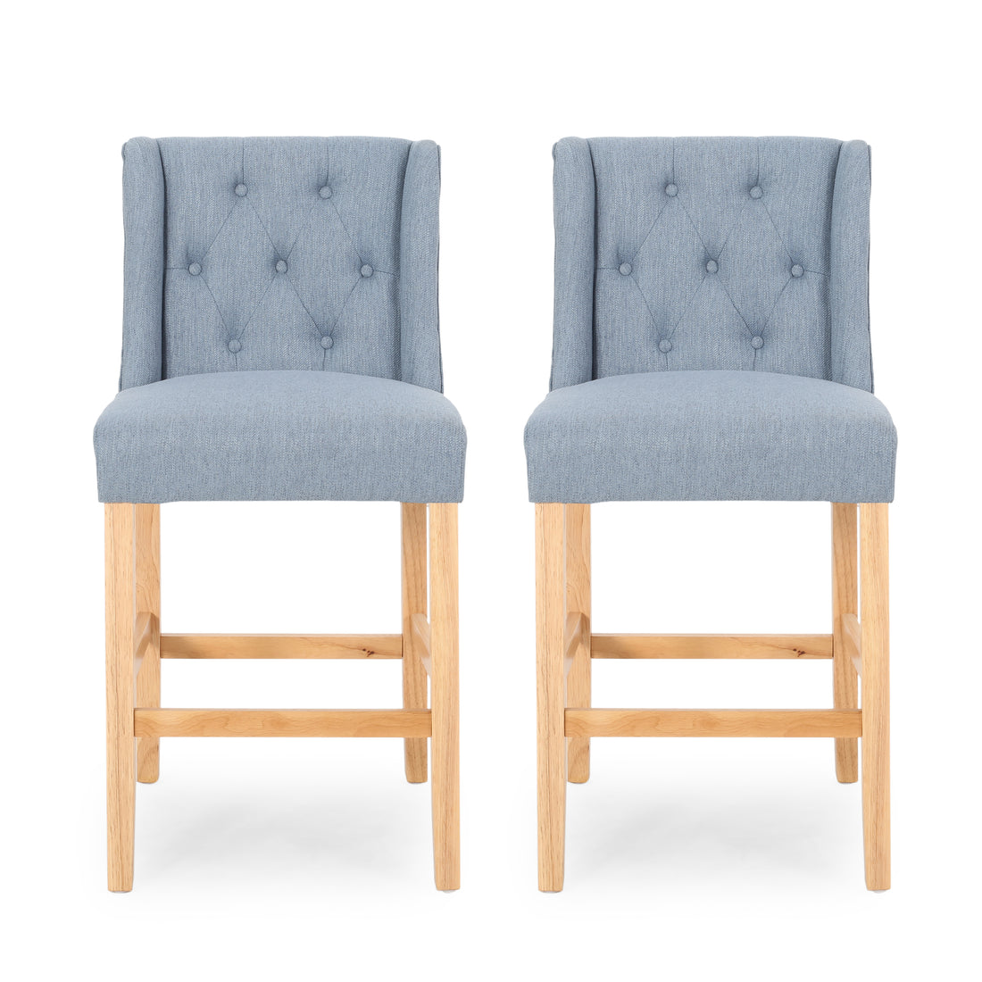 Vienna Contemporary Fabric Tufted Wingback 27 Inch Counter Stools, Set Of 2, Light Blue And Natural Light Blue Natural Fabric