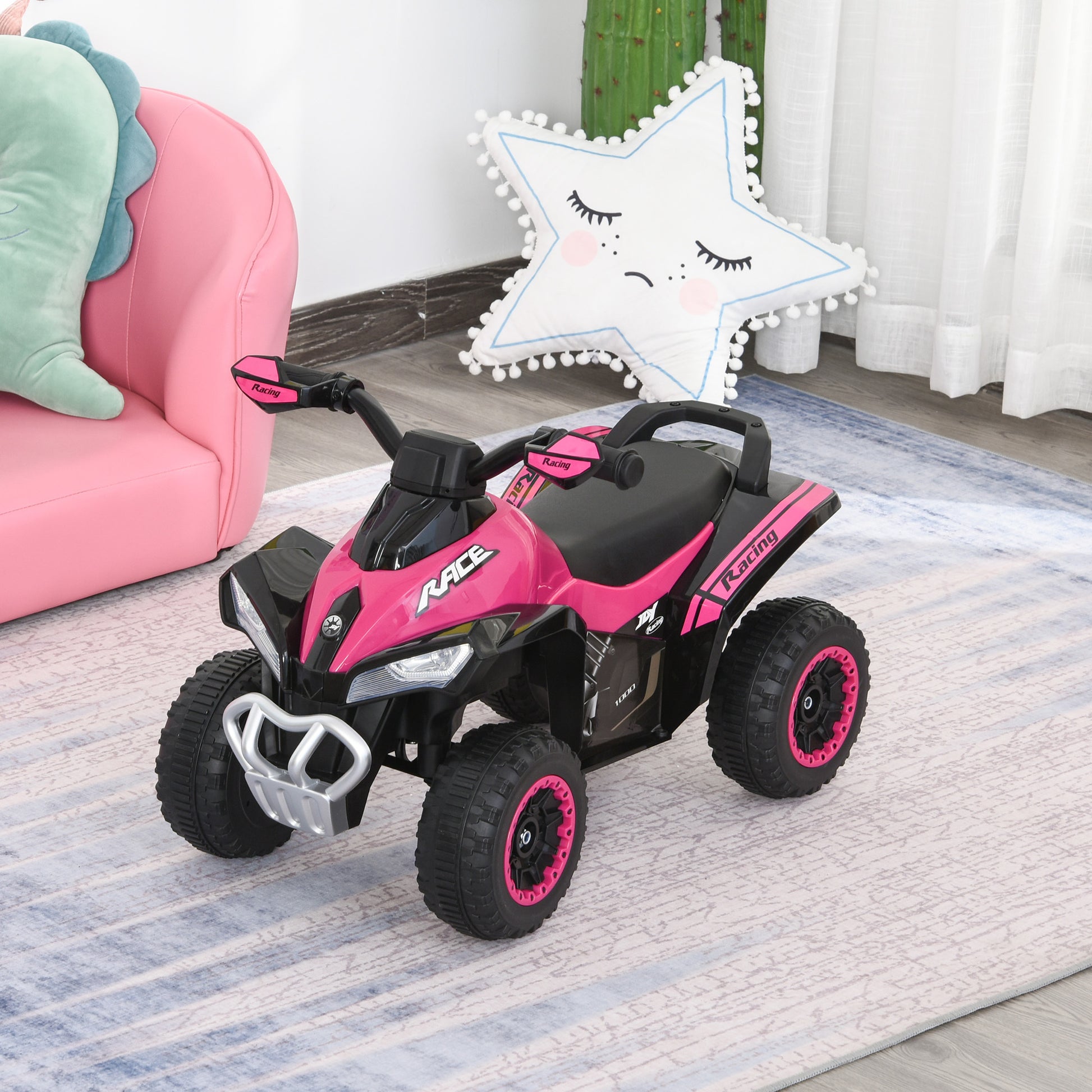 Aosom No Power Kids Ride On Push Car, Ride Racer, Foot To Floor Sliding Car, Walking Atv Toy With Music, Lights, For 1.5 3 Years Old, Pink Pink Metal