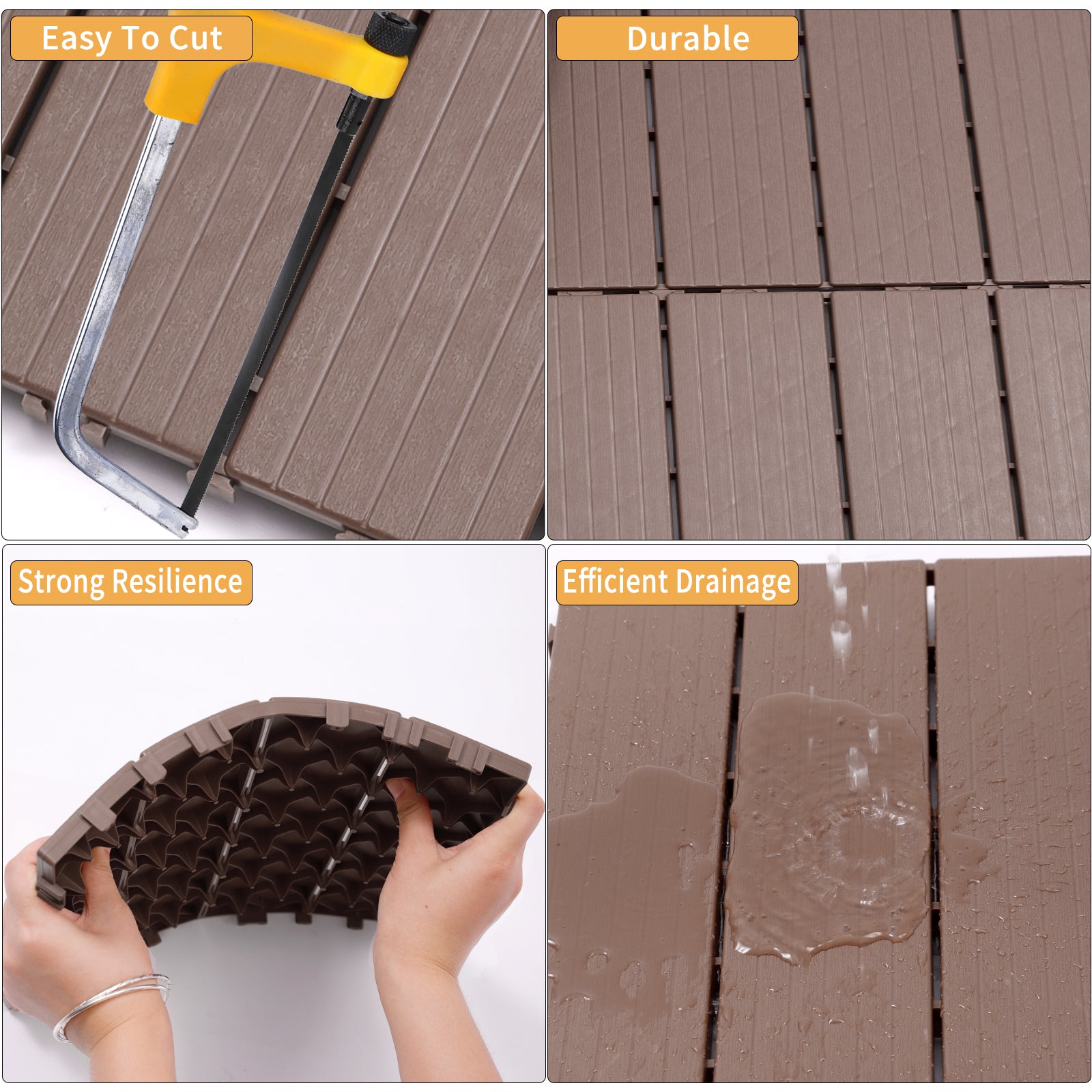 Plastic Interlocking Deck Tiles, 11.8"X11.8" Pack Of 44 , Patio Flooring Outdoor Waterproof All Weather Use For Garden Poolside Front Back Yard, Light Coffee Color Light Coffee Plastic