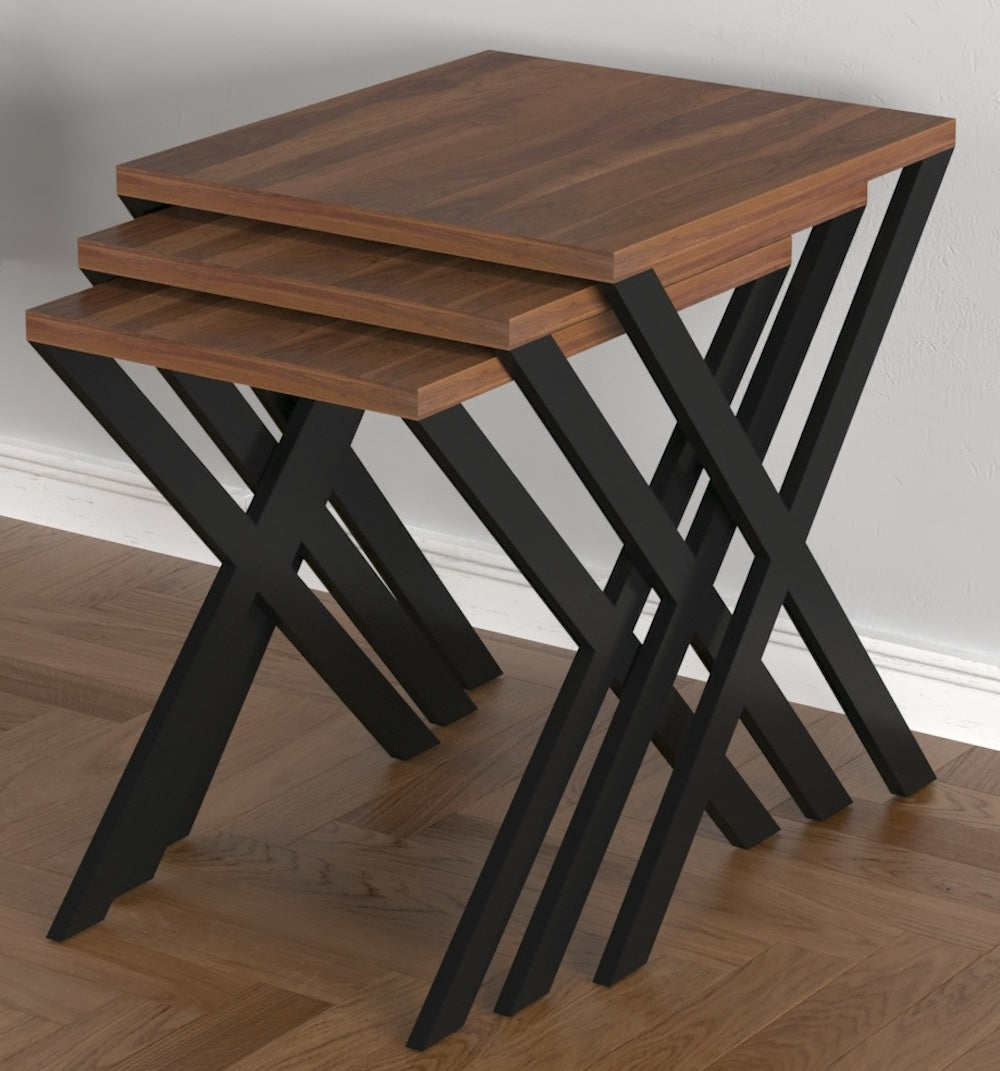 Kira Nesting Table 3 Pieces, Metal Legs Wood Base Nesting Table, Walnut Walnut Brown Contemporary Rectangular Wood