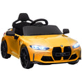 Qaba Bmw M4 Licensed Kids Electric Car, 12V Ride On Car With Parent Remote Control, Suspension, Handle Attachment, Battery Powered Kids Car With Led Lights, Music, Soft Start, Yellow Yellow Plastic