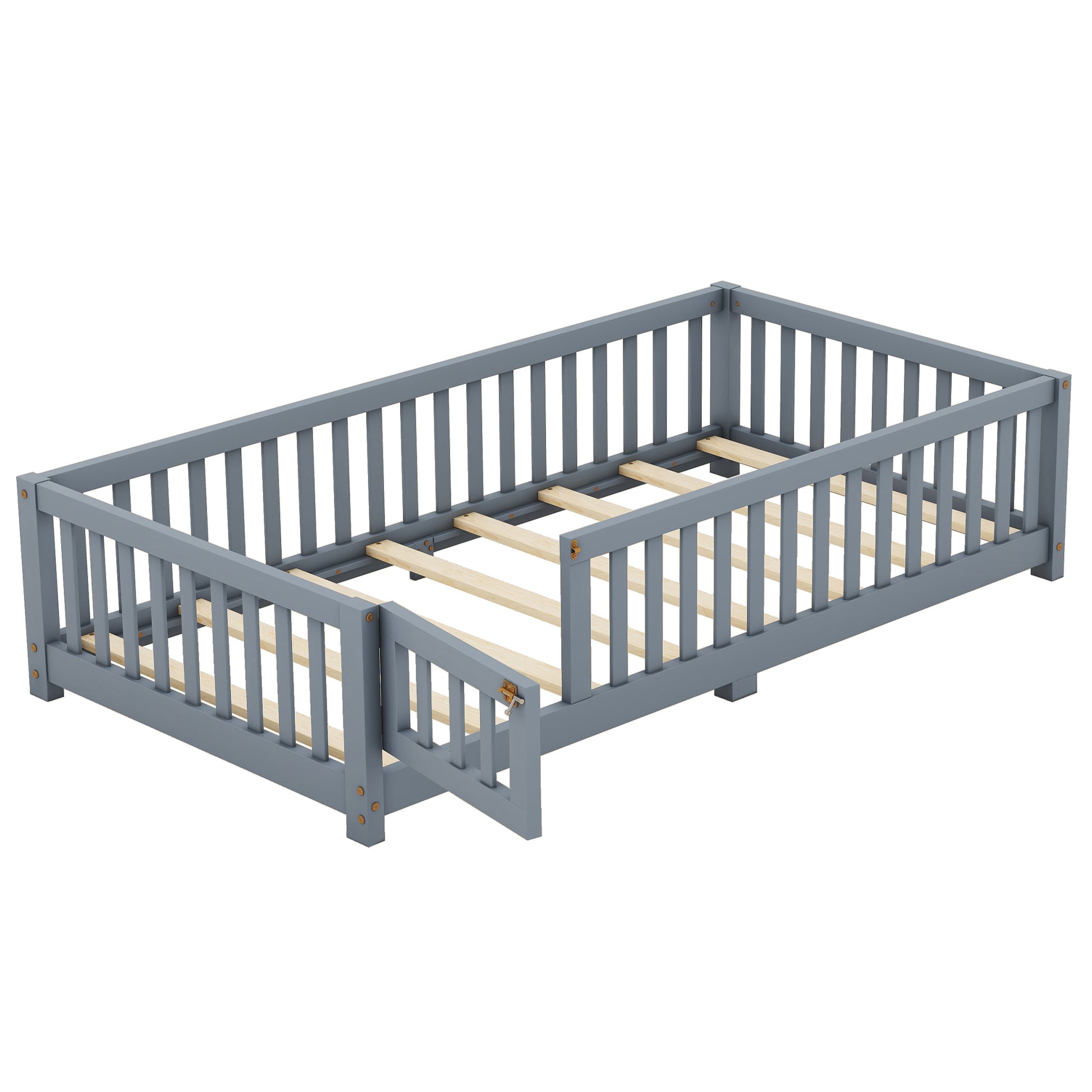 Twin Size Bed Floor Bed With Safety Guardrails And Door For Kids, Gray Old Sku: W158090685 Twin Gray Pine