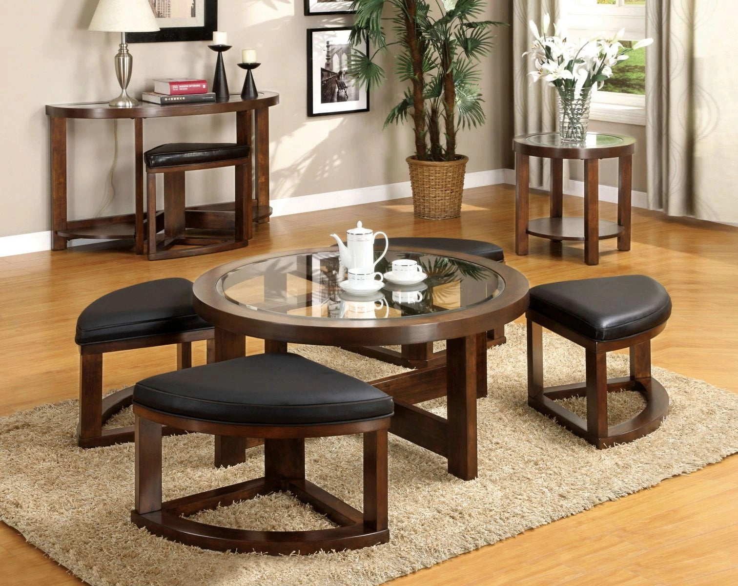 Dark Walnut Coffee Table Glass Insert Top Ottoman Included Table Set Living Room Furniture Walnut Brown Primary Living Space Classic,Contemporary,Luxury,Traditional Coffee & End Tables Solid Wood