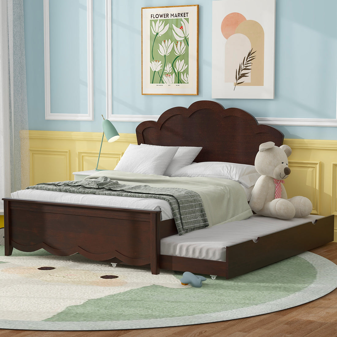 Full Size Wood Platform Bed With Headboard And Twin Size Trundle, Cappuccino Box Spring Not Required Full Cappuccino Wood Bed Frame Solid Wood Mdf
