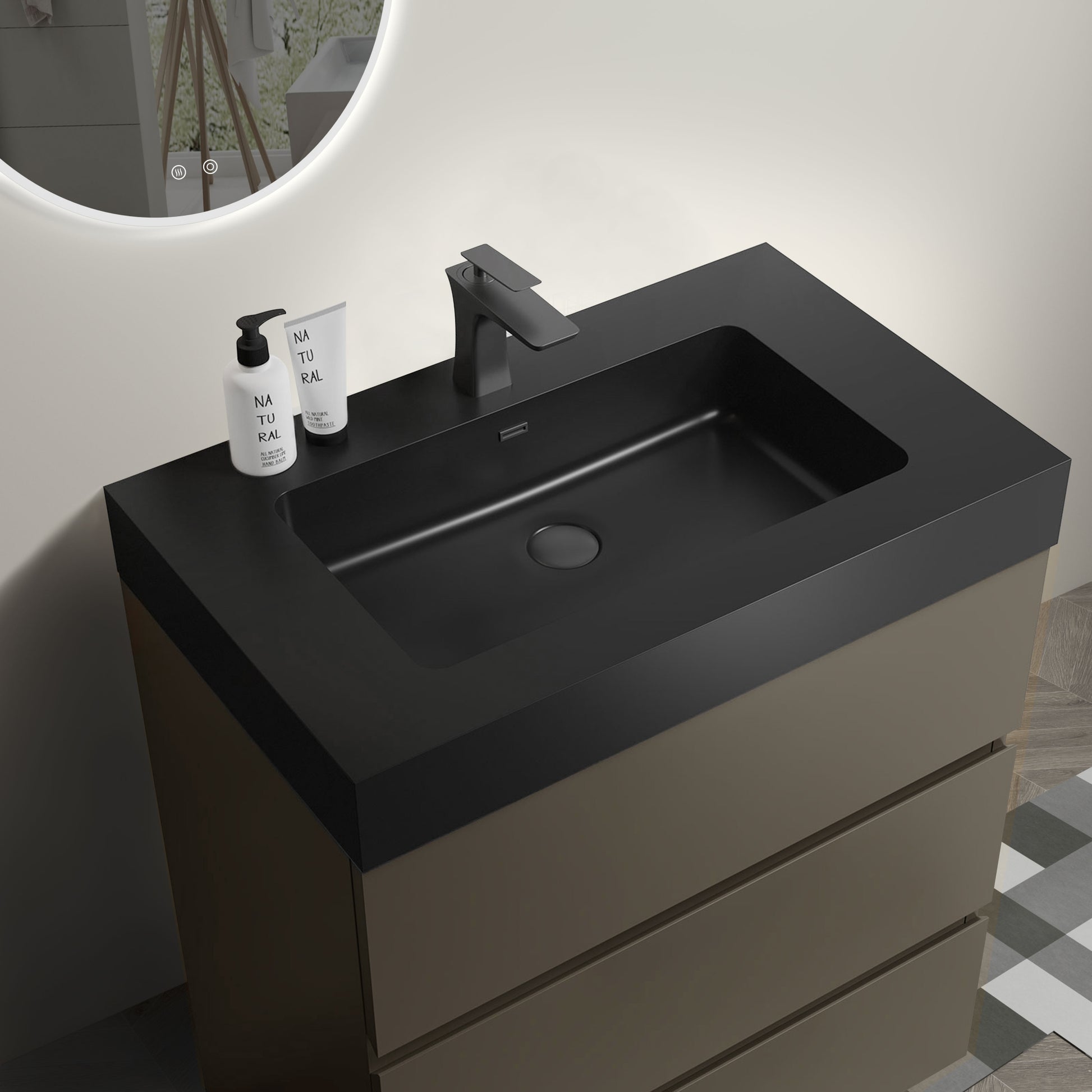 Alice 30" Gray Bathroom Vanity With Sink, Large Storage Freestanding Bathroom Vanity For Modern Bathroom, One Piece Black Sink Basin Without Drain And Faucet, Pre Assembled Black Gray Melamine