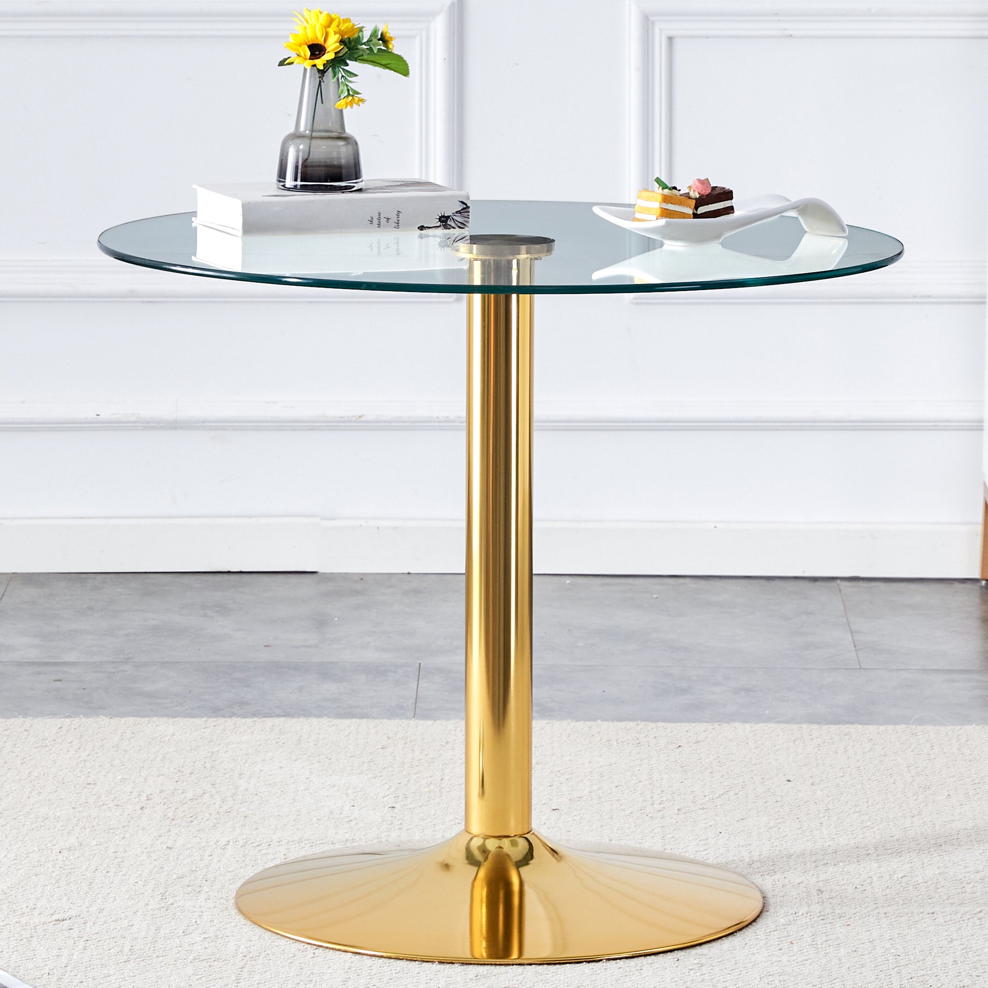 A 35 Inch Diameter Glass Top And A Modern, Minimalist Round Dining Table With Gold Metal Legs. Ideal For Dining Rooms, Living Rooms And Meeting Rooms. Model: Dt 1166 Gold Glass Metal