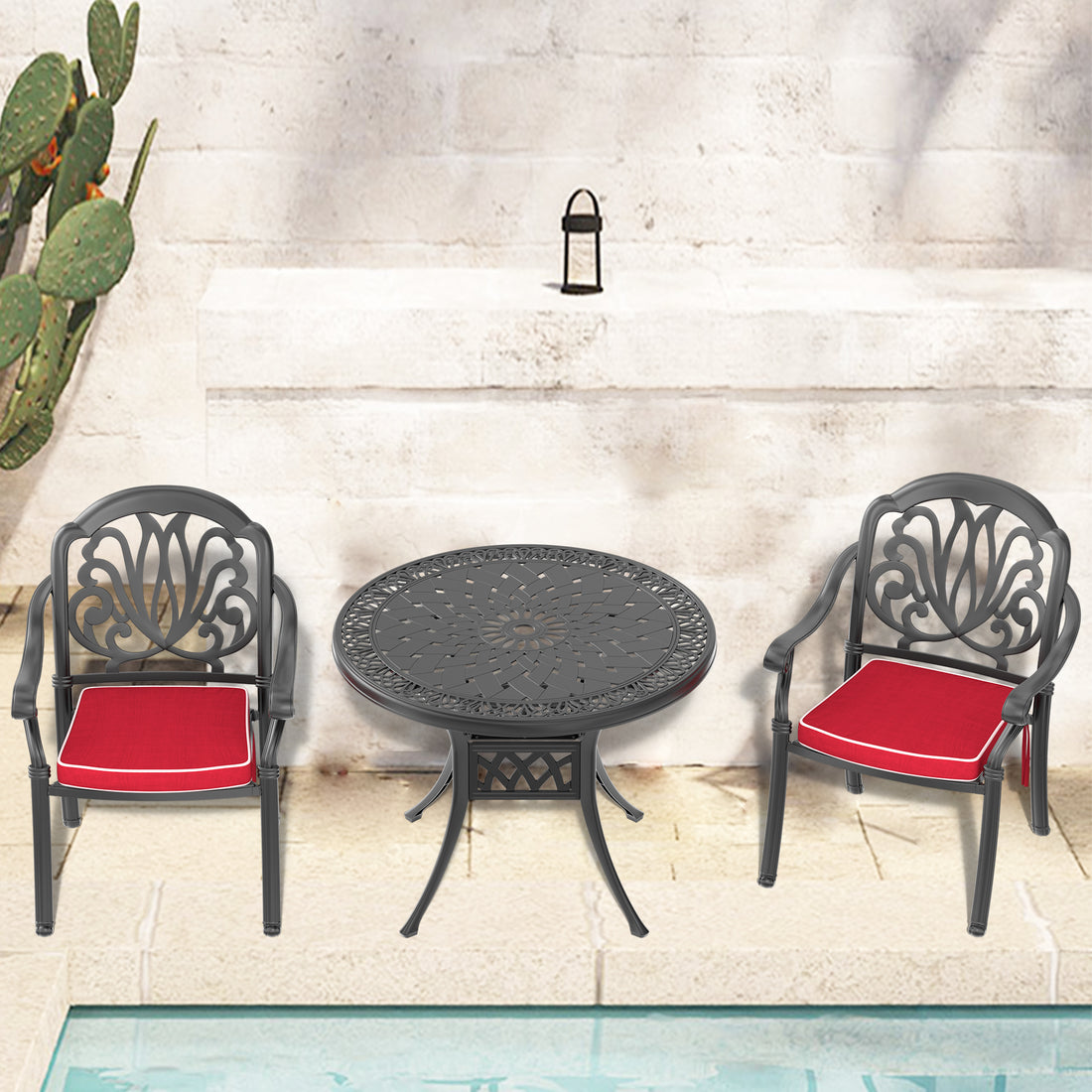 Cushions In Random Colors 3 Piece Set Of Cast Aluminum Patio Furniture With Cushions Yes Dining Set Black Seats 2 Rust Resistant Frame Water Resistant Cushion Garden & Outdoor Complete Patio Sets Aluminium
