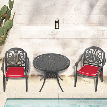 Cushions In Random Colors 3 Piece Set Of Cast Aluminum Patio Furniture With Cushions Yes Dining Set Black Seats 2 Rust Resistant Frame Water Resistant Cushion Garden & Outdoor Complete Patio Sets Aluminium
