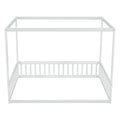 Full Size Canopy Frame Floor Bed With Fence, Guardrails,White Full White American Design Pine