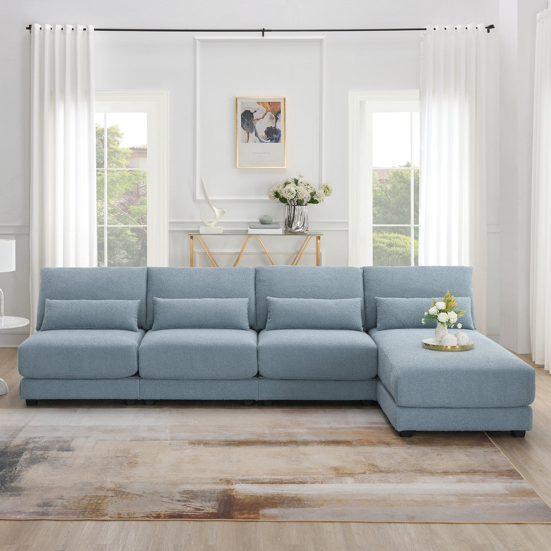 120*61" Oversized Deep Seat Sectional Sofa With Reversible Chaise,Loop Yarn Fabric 5 Seat Armless Indoor Furniture,Convertible L Shaped Couch For Living Room,Apartment,3 Colors Blue Fabric 5 Seat