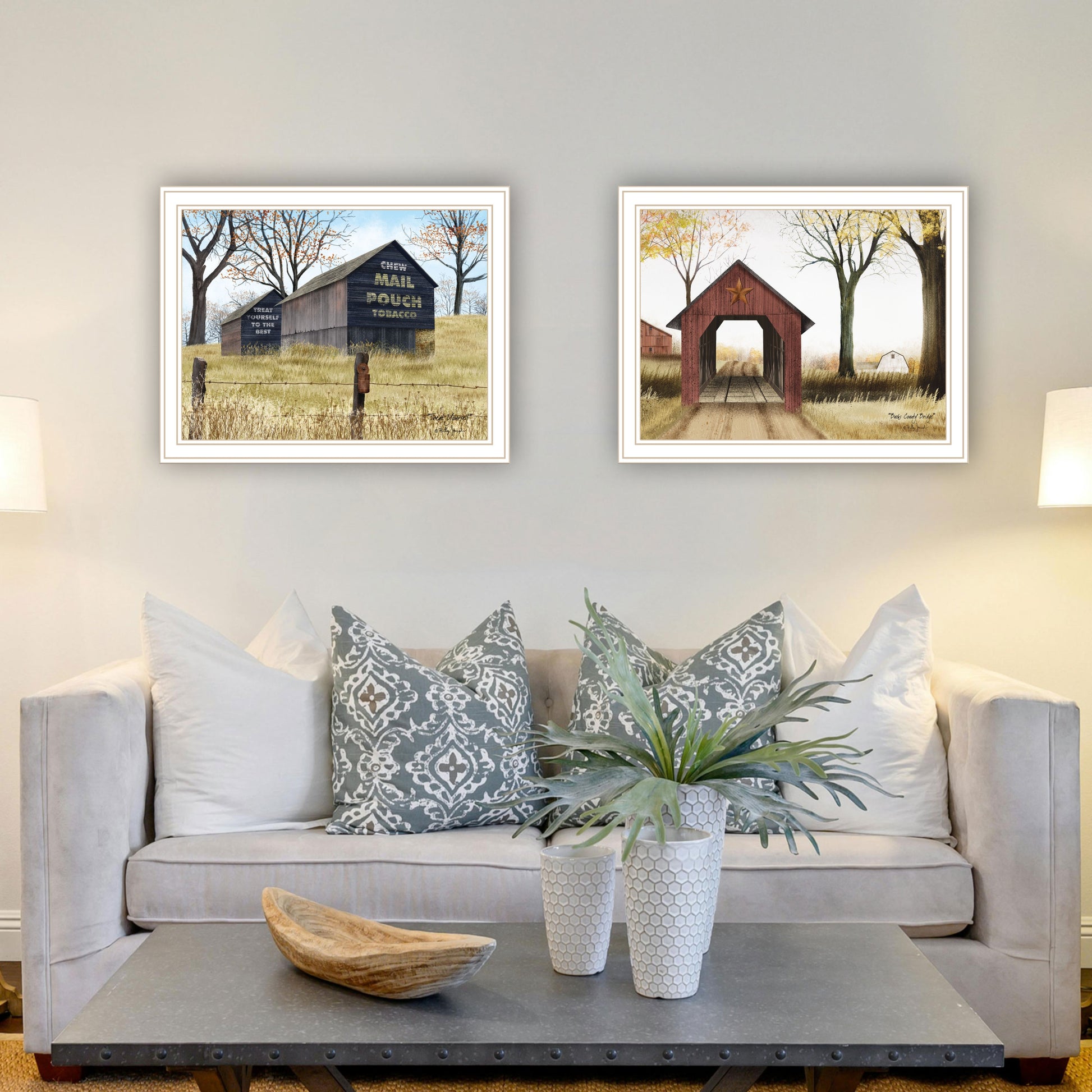 2 Piece Vignette Mail Pouch Barn & Buck County Bridge White Framed Wall Art For Living Room, Bedroom Wall Art Print For Home Decor By Billy Jacobs Multicolor Wood Paper