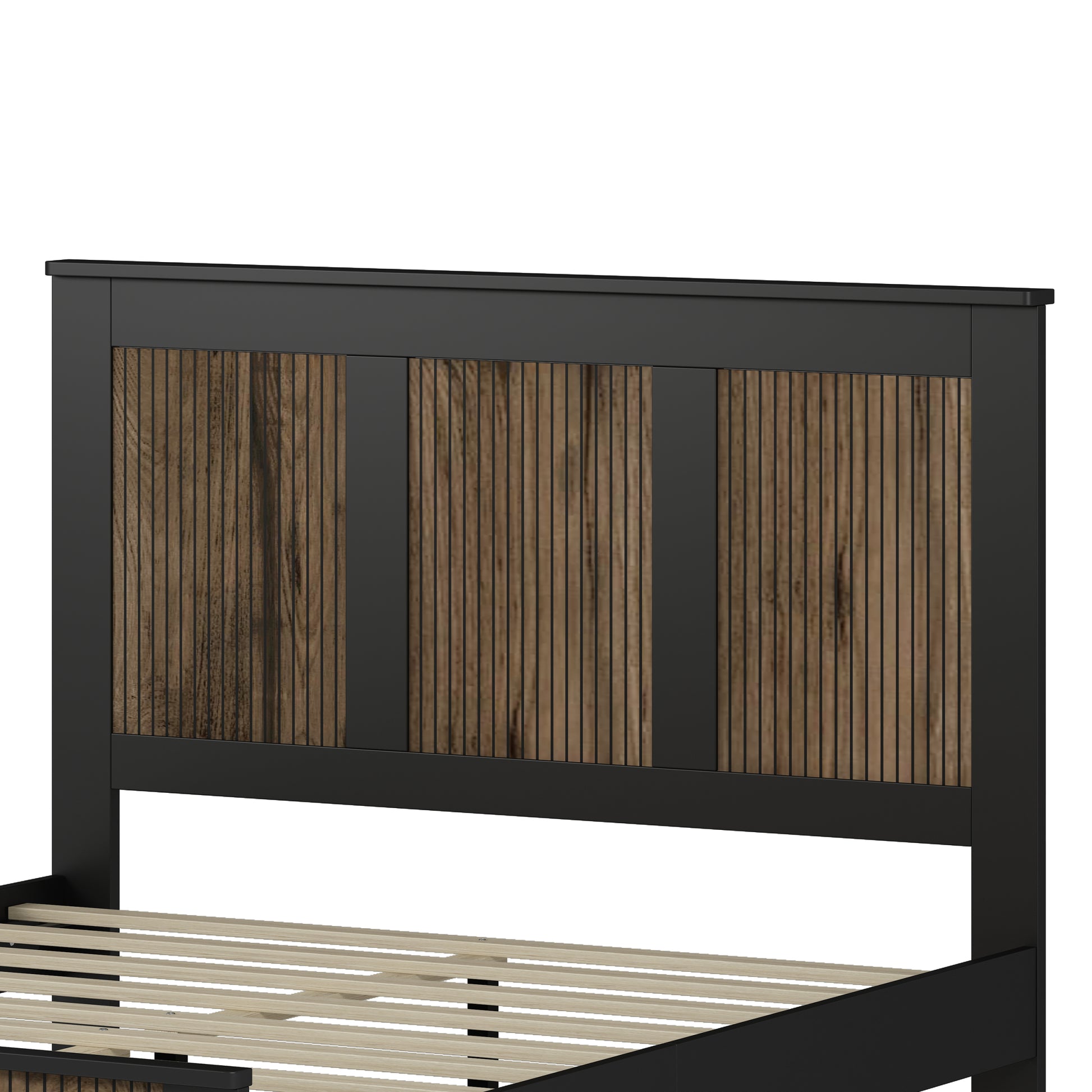 4 Pieces Bedroom Sets, Full Size Farmhouse Platform Bed With Wooden Strip Decoration, Storage Nightstand And Dresser With Metal Handle, Black Full Black 4 Piece Set Particle Board