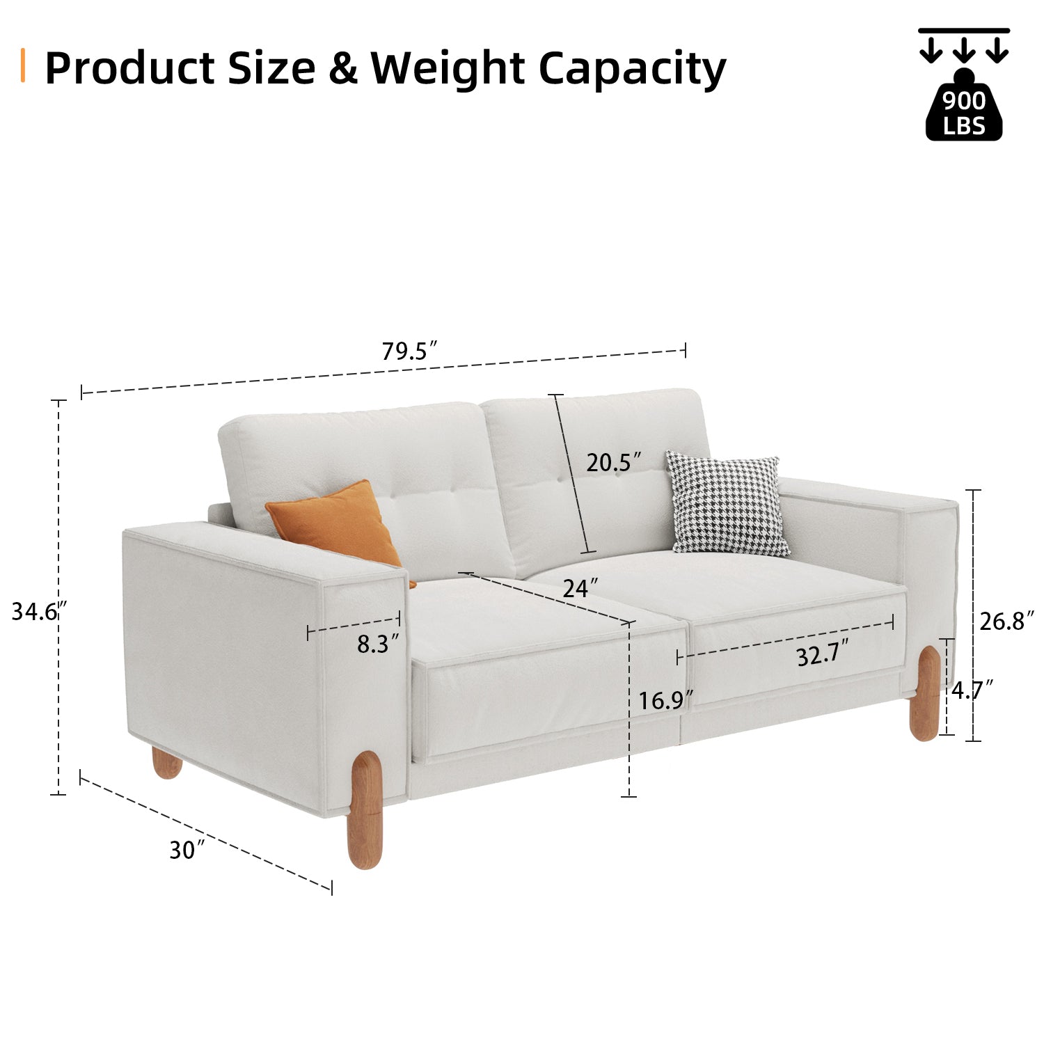 Couches For Living Room, Modern Teddy Fabric Upholstered Sofa Tufted Couch With Square Arm And 4 Solid Wood Legs 2 Pillows Decor For Living Room, Office, Apartment White Chenille