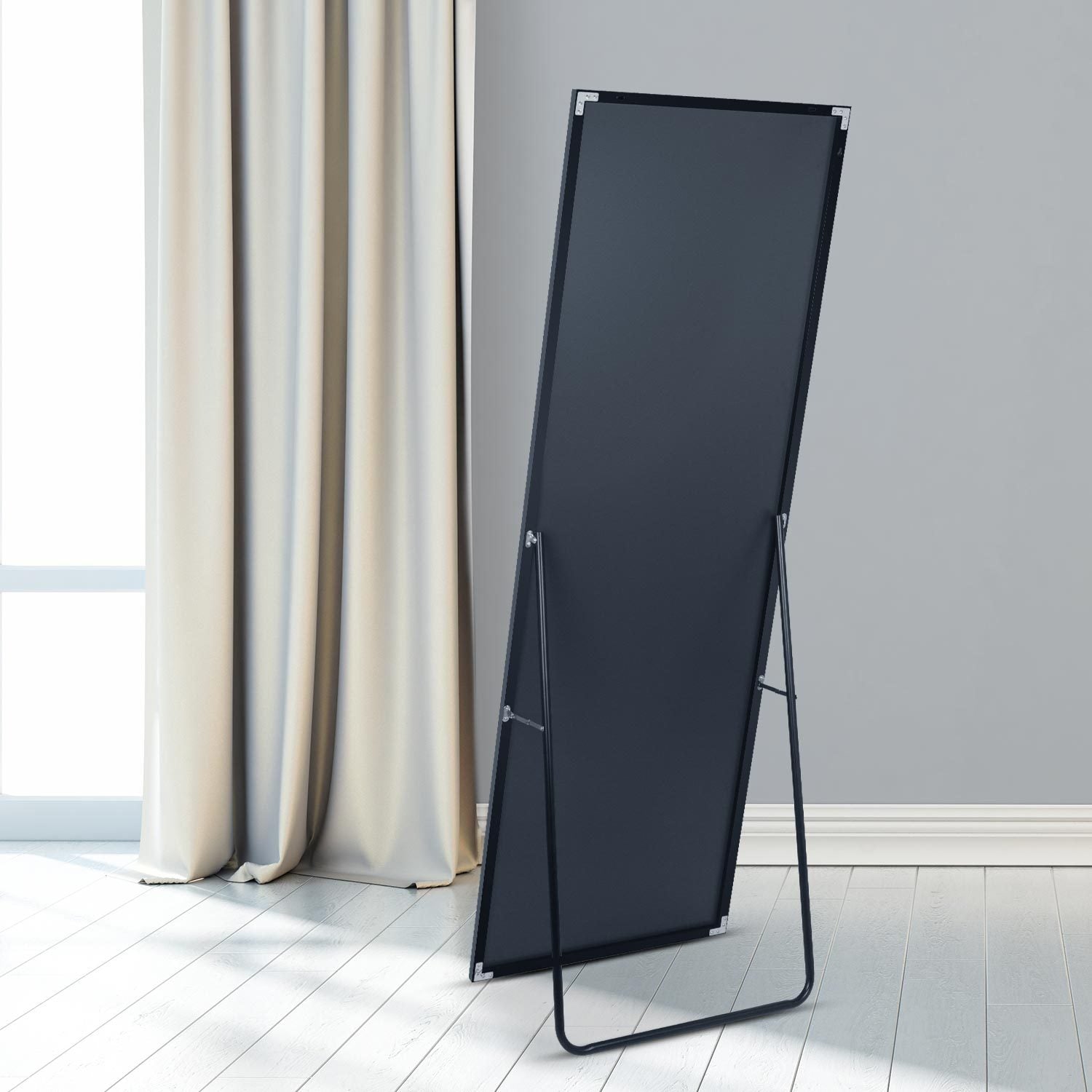 Full Length Mirror, Floor Mirror With Stand, Dressing Mirrorbedroom Mirror With Aluminium Frame 65"X22", Black Black Glass