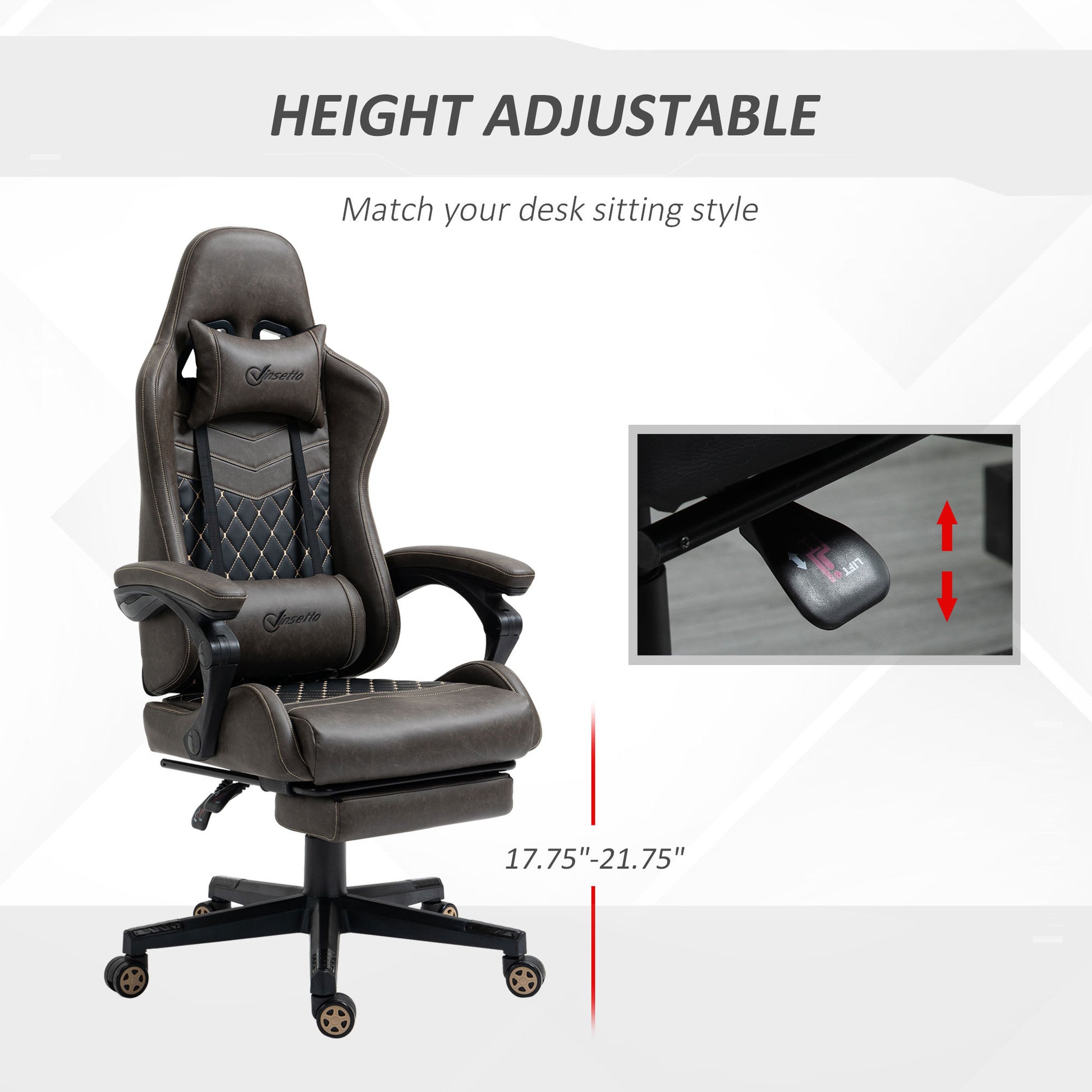 Vinsetto Racing Gaming Chair Diamond Pu Leather Office Gamer Chair High Back Swivel Recliner With Footrest, Lumbar Support, Adjustable Height, Brown Brown Pu