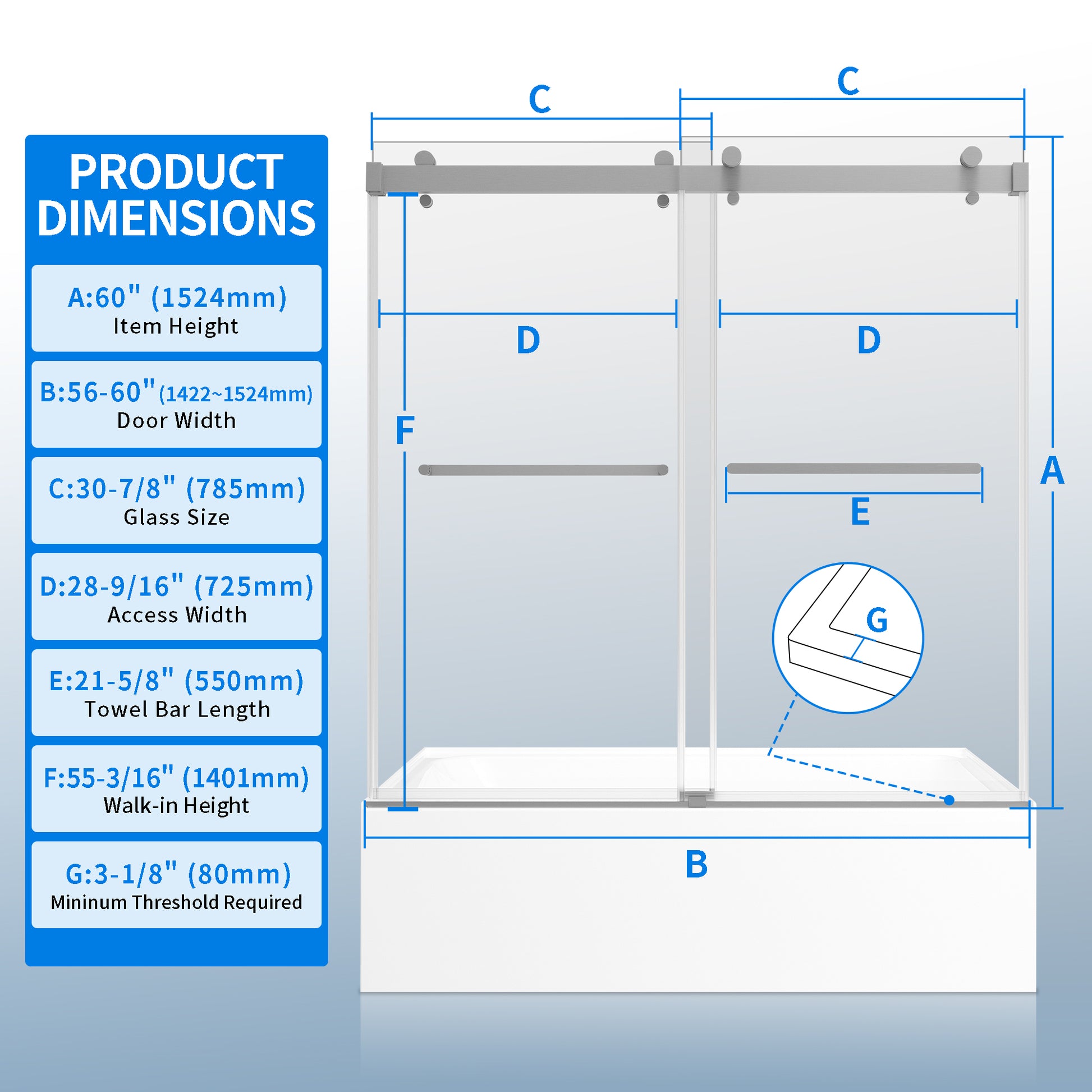 56 60 Inches Width 60 Inches Height Double Sliding Frameless Bathtub Door With 3 8 Inches 10Mm Clear Tempered Glass, Brushed Nickel Finish Brushed Nickel Bathroom Luxury,Modern Glass