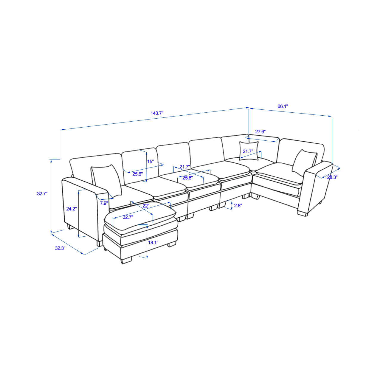 Modern U Shaped 6 Seat Sectional Sofa Couch With One Ottoman And Three Toss Pillows ,Modular Sofa For Living Room,Corduroy Sofa Green Corduroy 7 Seat