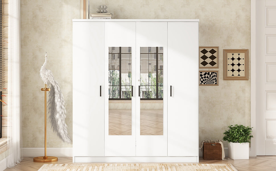 4 Door Mirror Wardrobe With Shelves, White White Plywood