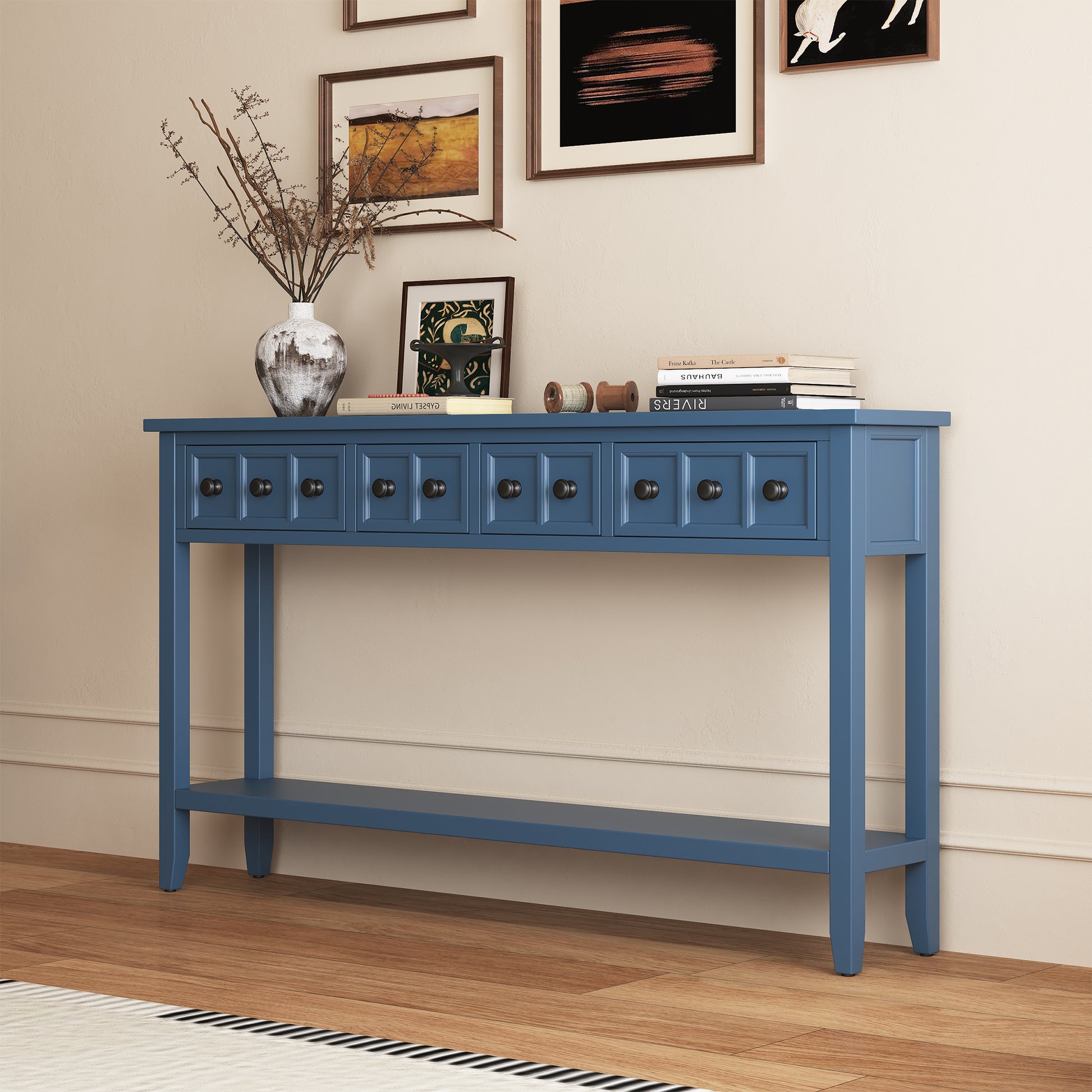 Rustic Entryway Console Table, 60" Long Sofa Table With Two Different Size Drawers And Bottom Shelf For Storage Antique Navy Antique Navy Solid Wood