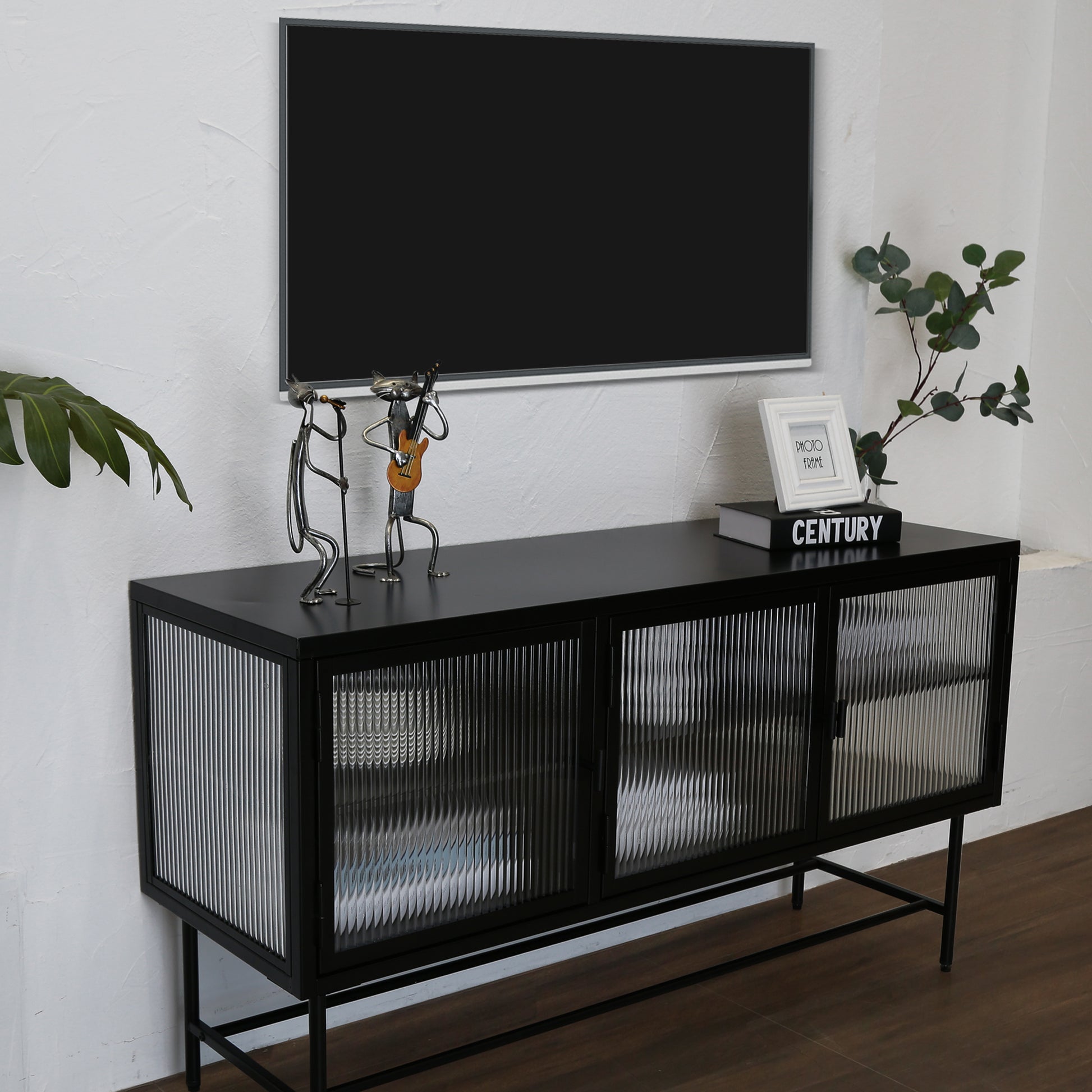 Retro Style Entertainment Center Tv Console Tv Stand With Enclosed Storage Display Cupboard Stylish Fluted Glass Tv Table With Wide Countertop Glass Doors Detachable Shelves Old Sku:W68751720 Black Steel