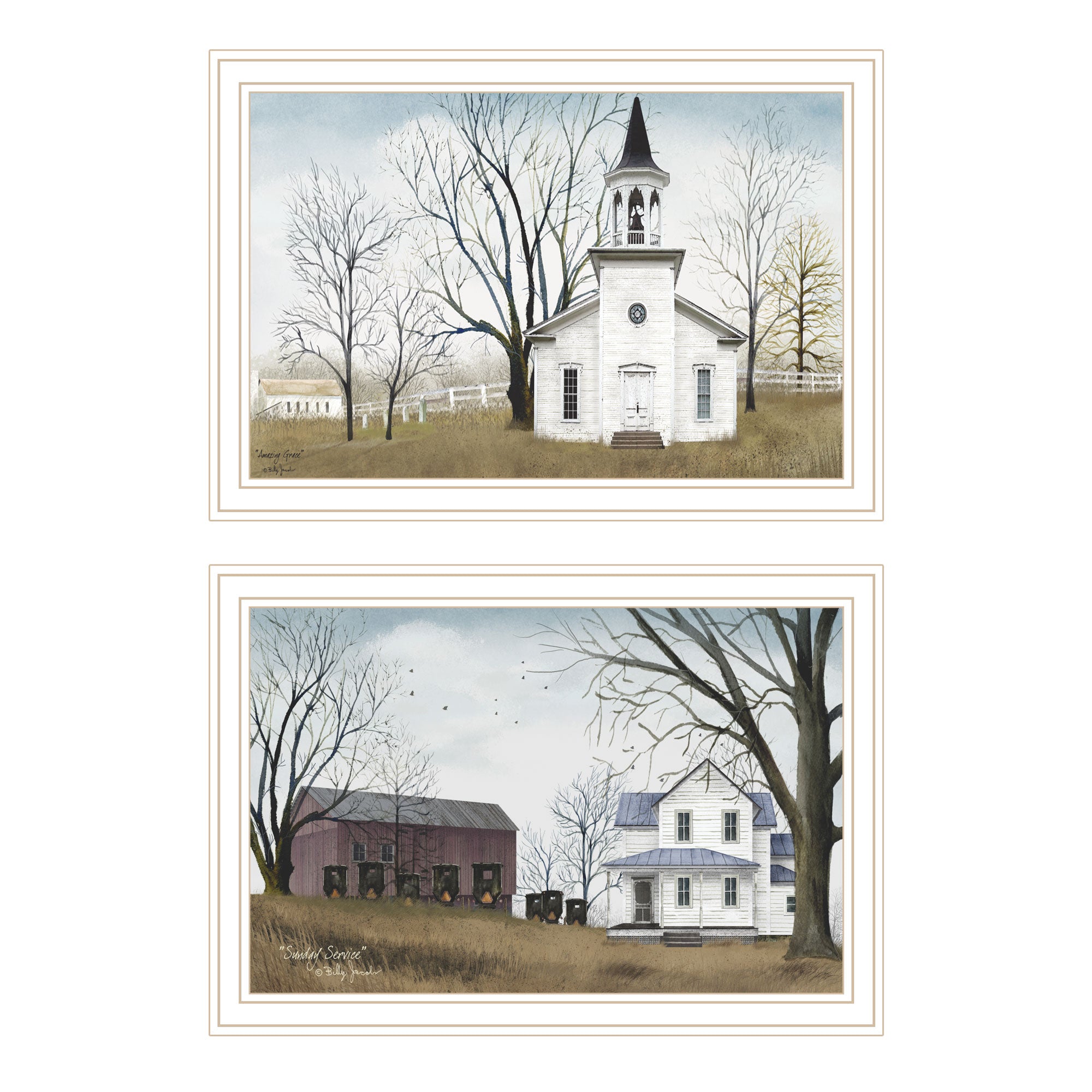 2 Piece Vignette Amazing Grace Sunday Service White Framed Wall Art For Living Room, Bedroom Wall Art Print For Home Decor By Billy Jacobs Multicolor Wood Paper