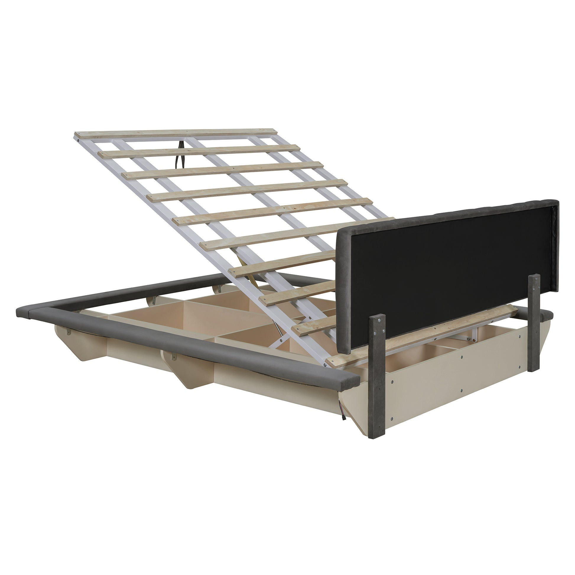 Queen Size Upholstered Floating Bed With Led Light And Usb Port, Velvet, Gray, Hydrualic Platform Bed Queen Gray Velvet