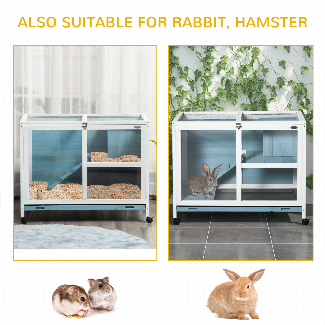 Pawhut Indoor Rabbit Hutch With Wheels, Desk And Side Table Sized, Wood Rabbit Cage, Waterproof Small Rabbit Cage, Light Blue Light Blue Wood