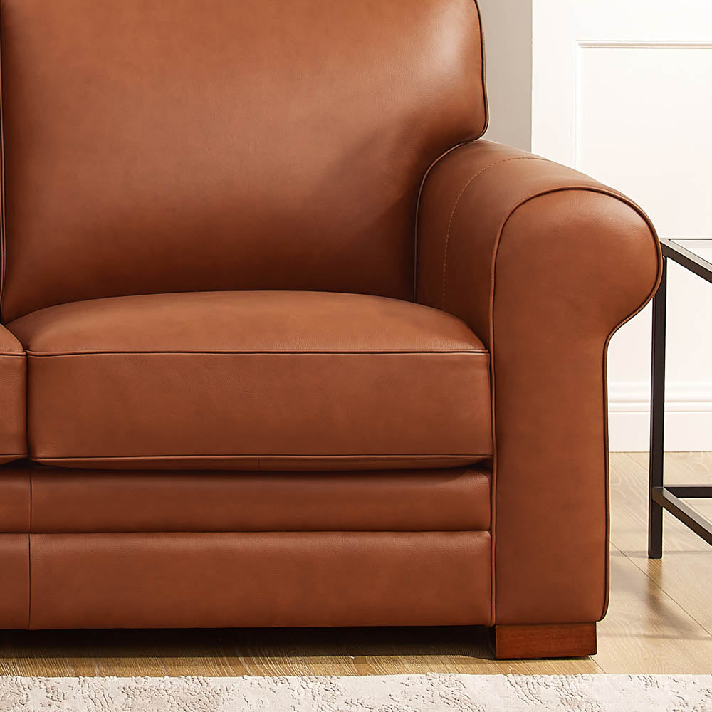 Brookfield Leather Sofa Brown Genuine Leather Wood Primary Living Space Medium Firm Cushion Back Mid Century Modern Eucalyptus Rolled Arms Down Filling Genuine Leather 3 Seat