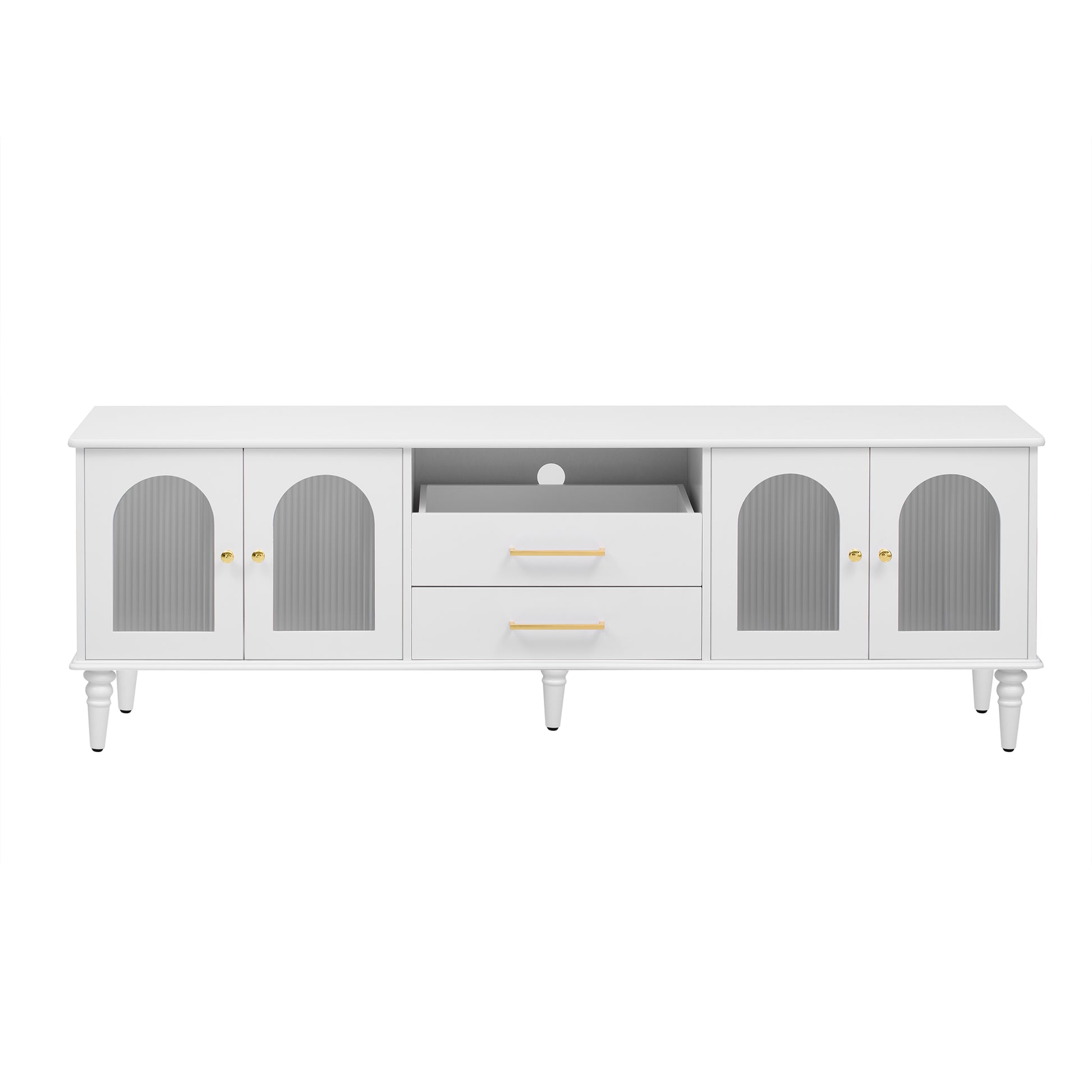 68.9'' Retro Tv Stand For Tvs Up To 75 Inches, Entertainment Center Media Console With Fluted Glass Doors And Five Solid Wood Legs For Living Room White 70 79 Inches Mdf