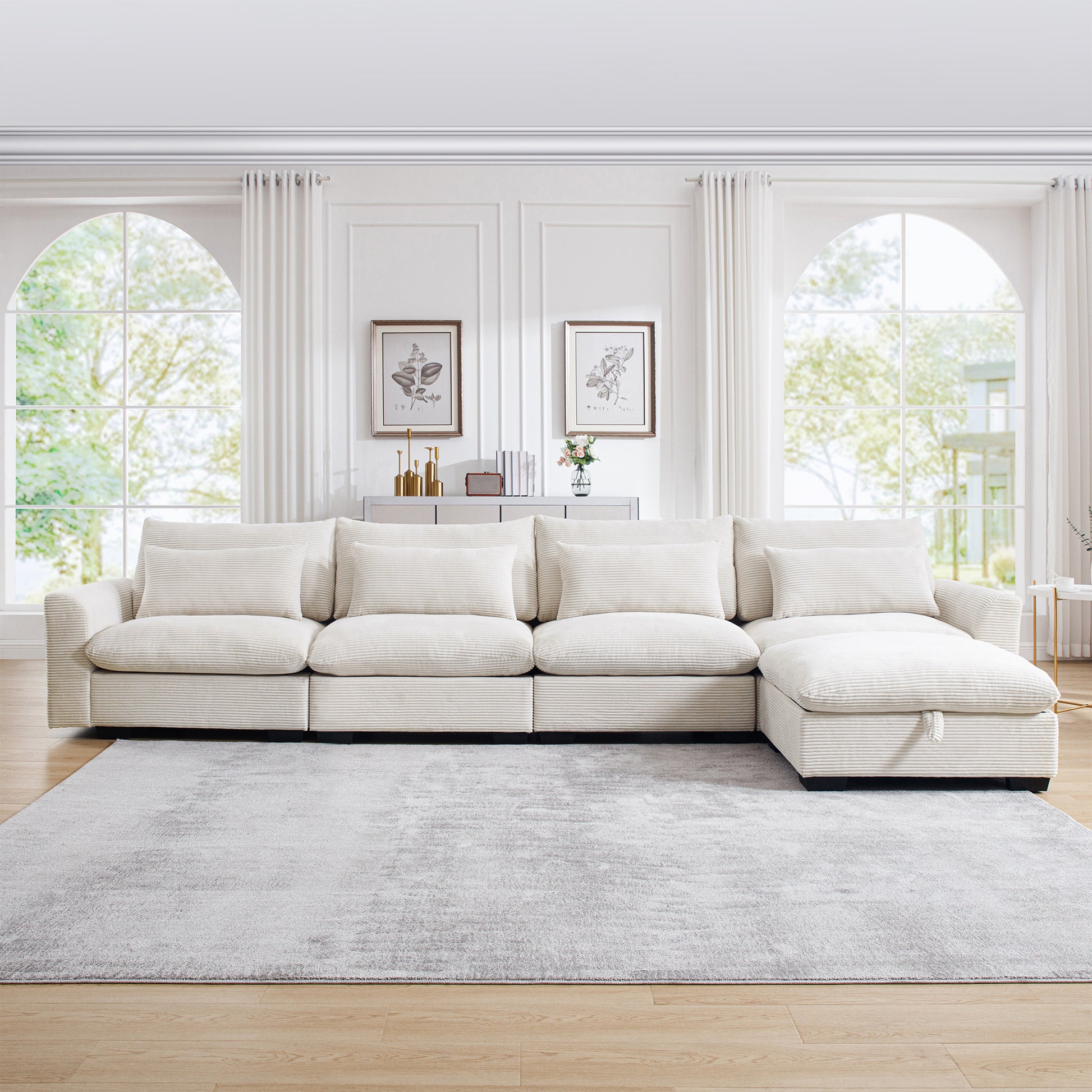 Large L Shape Sectional Corduroy Sofa,Deep Seat Couch With Storage Footstool And 4 Waist Pillows,Beige Beige Corduroy 4 Seat