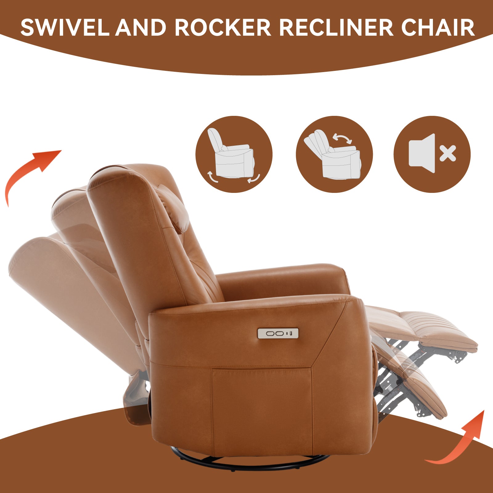 Yellow Brown Leatheraire Swivel And Rocker Power Recliner Chair With Lumbar And Neck Support Pillow, Heavy Duty Motion Mechanism With Usb And Type C Yellow Brown Faux Leather Power Push Button Metal Primary Living Space Medium Firm Tight Back Heavy Duty