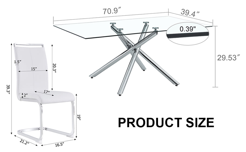 Table And Chair Set.Modern Luxurious Transparent Tempered Glass Dining Table Set.Paried With 6 Chairs With Pu Cushion And Silver C Tube Metal Legs. Transparent,White Seats 6 Glass Metal