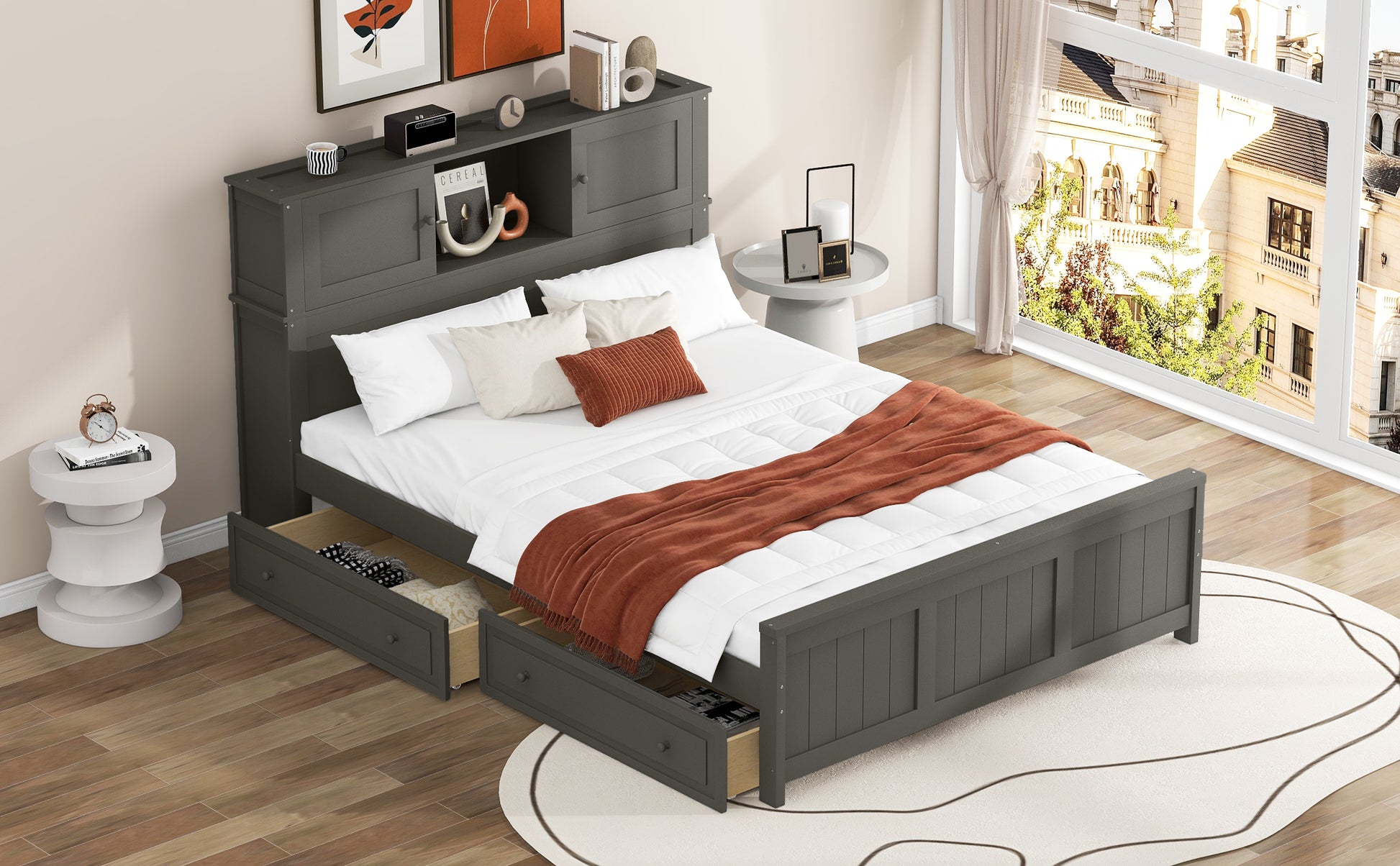 Full Size Platform Bed With Storage Headboard And Sliding Door,2 Drawers, Gray Full Gray Solid Wood Mdf