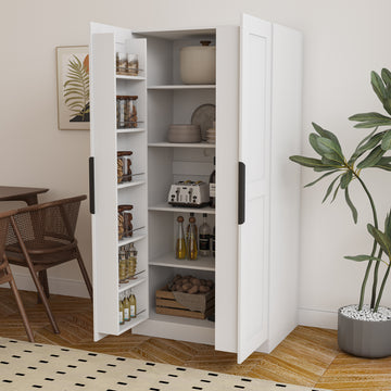 62.99In Kitchen Pantry Cabinet, White Freestanding Buffet Cupboards Sideboard With Doors & Shelves, Kitchen Pantry Storage Cabinet For Kitchen, Living Room And Dinning Room White Mdf