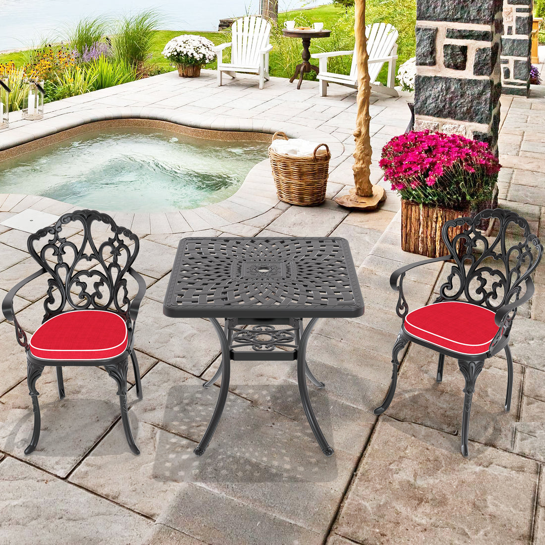 Cushions In Random Colors 3 Piece Set Of Cast Aluminum Patio Furniture With Cushions Yes Dining Set Black Seats 2 Rust Resistant Frame Water Resistant Cushion Garden & Outdoor Complete Patio Sets Aluminium