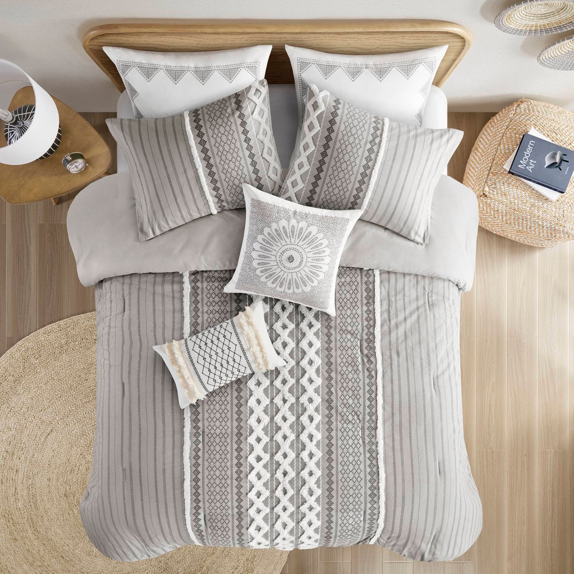 Cotton Printed Comforter Set With Chenille Gray King Cal King King Gray Cotton