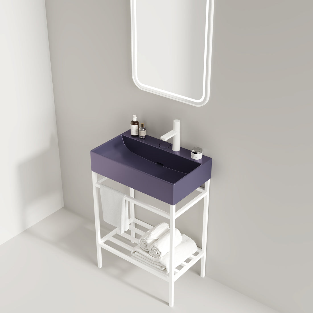 Lofi 24" Bathroom Vanity With Ceramic Basin, Freestanding Bathroom Console Sink Set, Glossy Purple Rectangular Ceramic Basin Without Faucet, Open Metal Leg, Storage Shelves, White White Purple