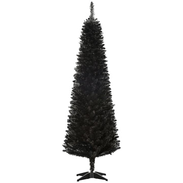 Homcom 6' Artificial Pencil Christmas Tree, Slim Xmas Tree With 390 Realistic Branch Tips And Plastic Stand, Black Black Plastic