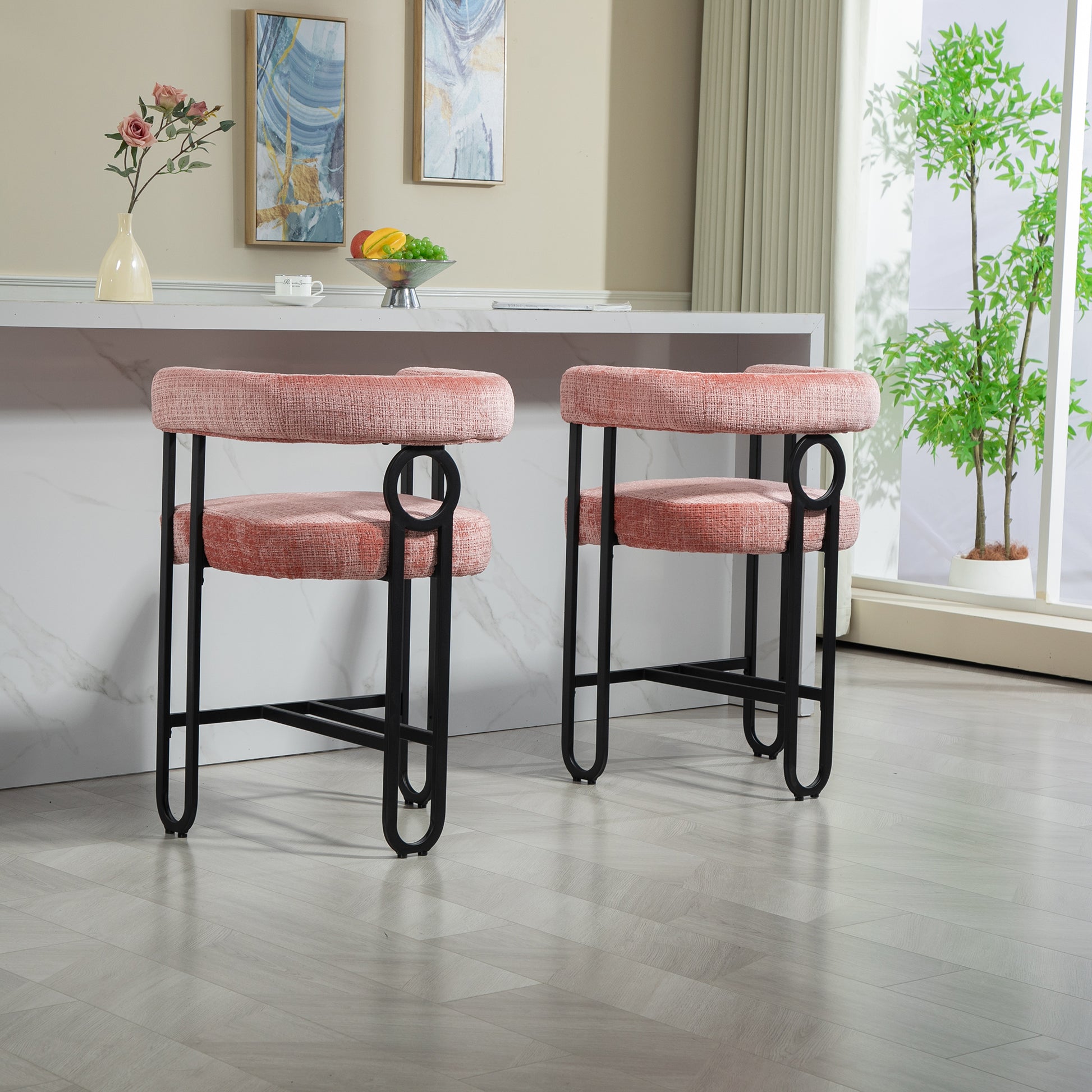 Coolmore Bar Stools Set Of 1, Modern Bar Stool With Back, Black Metal Frames, Upholstered Bar Stools For Kitchen Island, Pub, Club Pink Chenille Pink Primary Living Space Foam Chenille